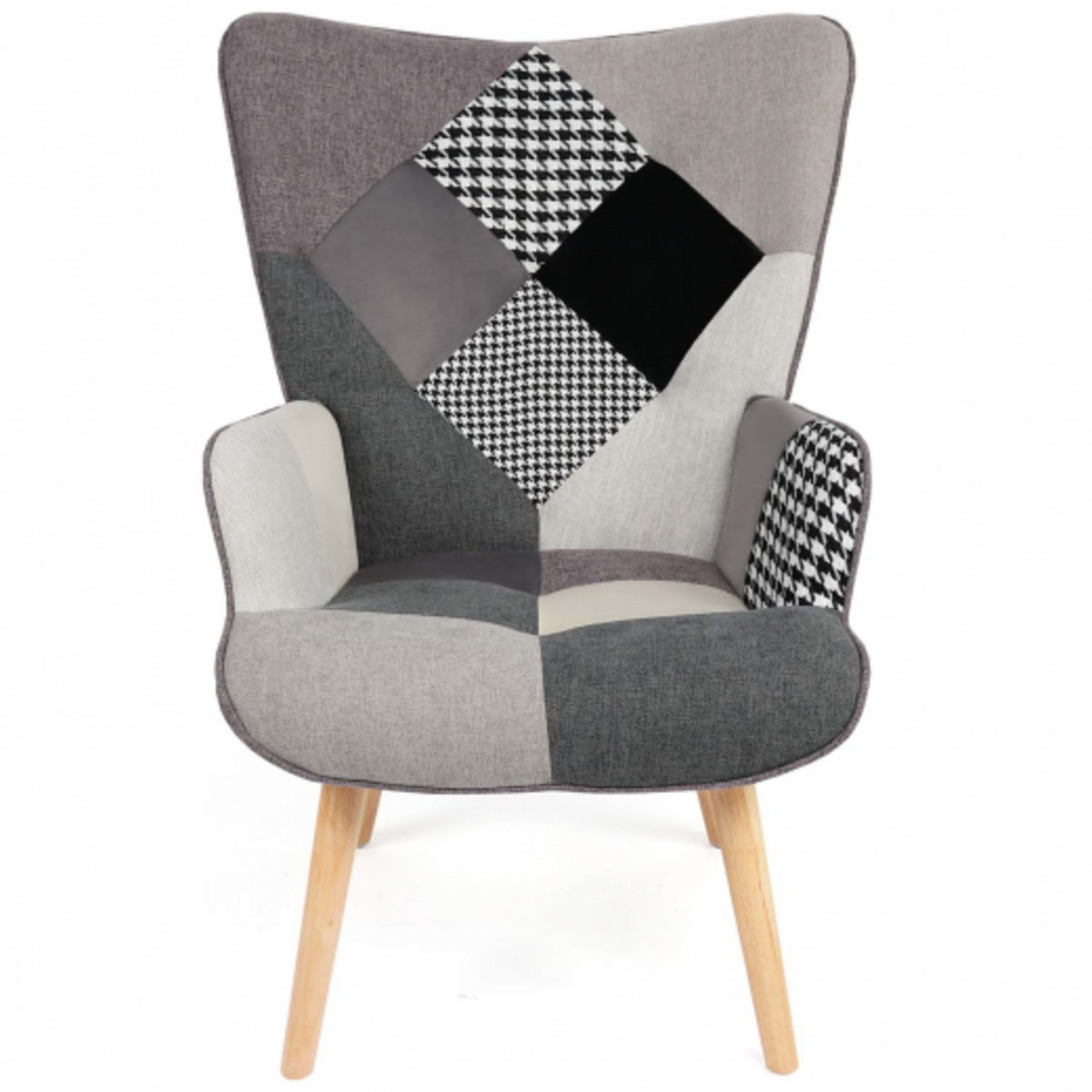 ID MARKET Fauteuil scandinave IVAR en tissu patchwork noir, gris et blanc