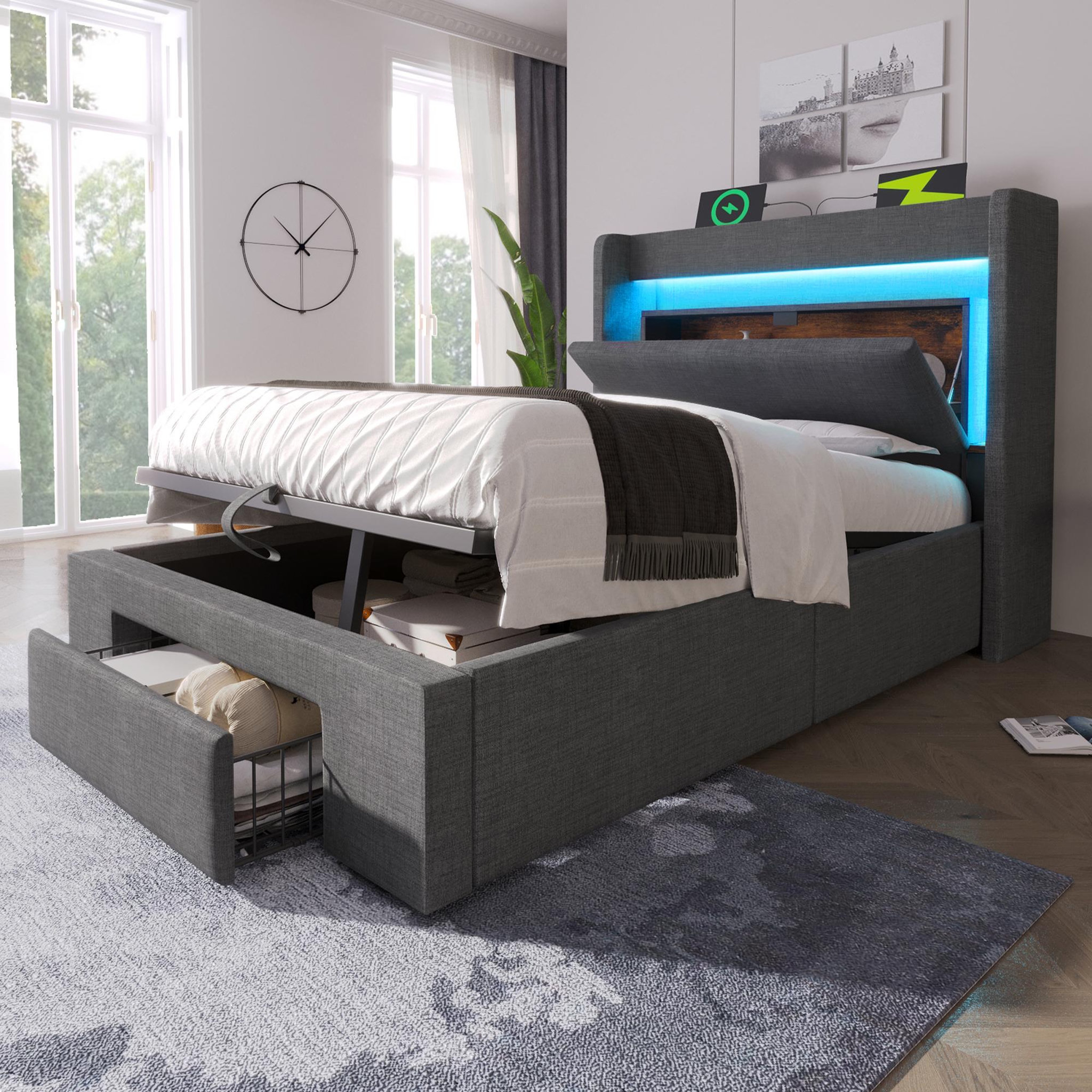 Voir la diapositive 4 : MERAX Lit coffre 90x200 cm en lin avec tête de lit rangement led usb usb-c et sommier à lattes
