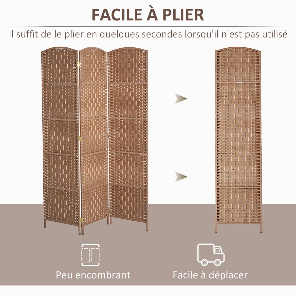 HOMCOM Paravent séparateur de pièce pliable 3 panneaux dim. 135L x 180H cm bois osier tressé