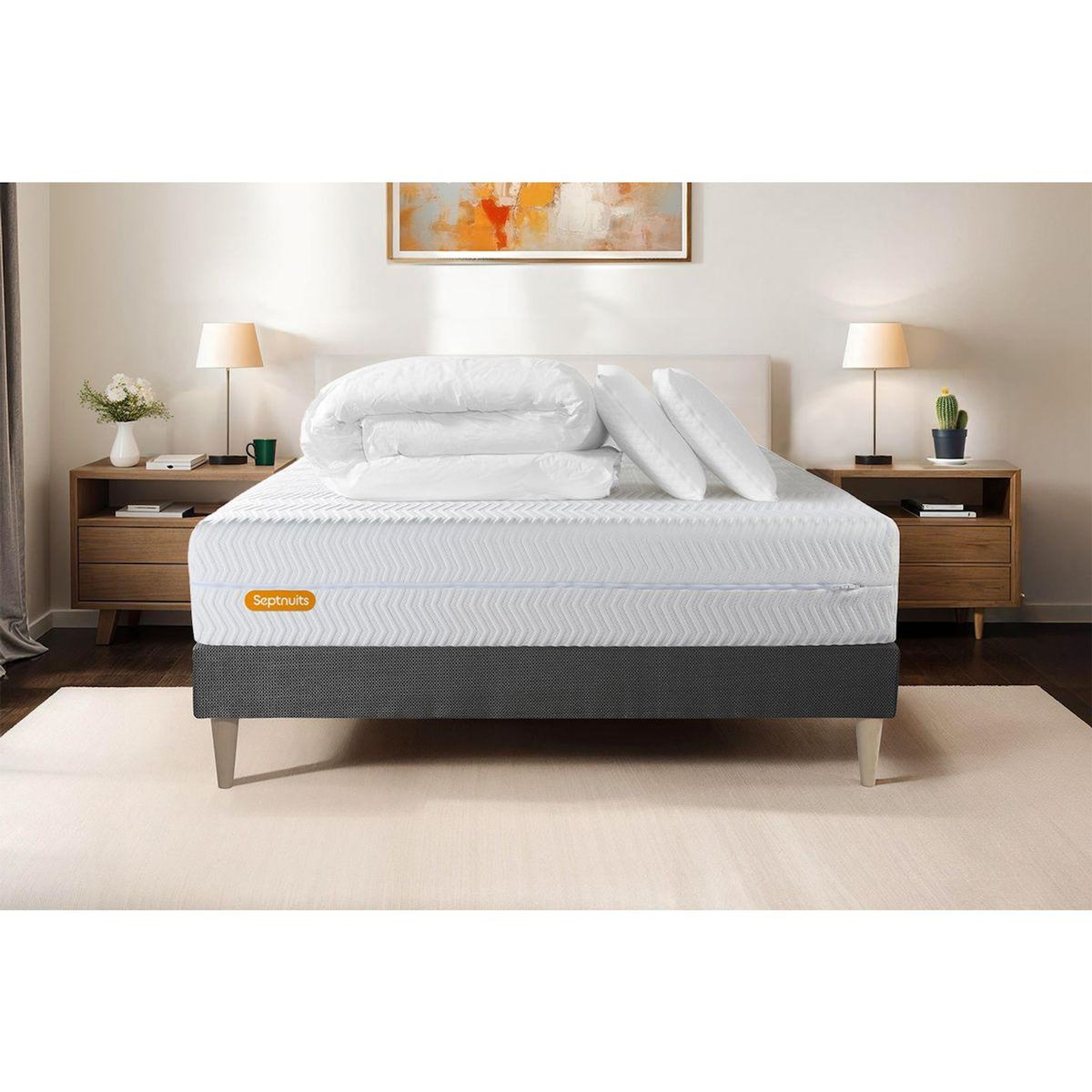 SEPTNUITS PACK Matelas + sommier kit gris Memo Bio Mousse à mémoire de forme Maxi épaisseur + Couette + 2 oreillers
