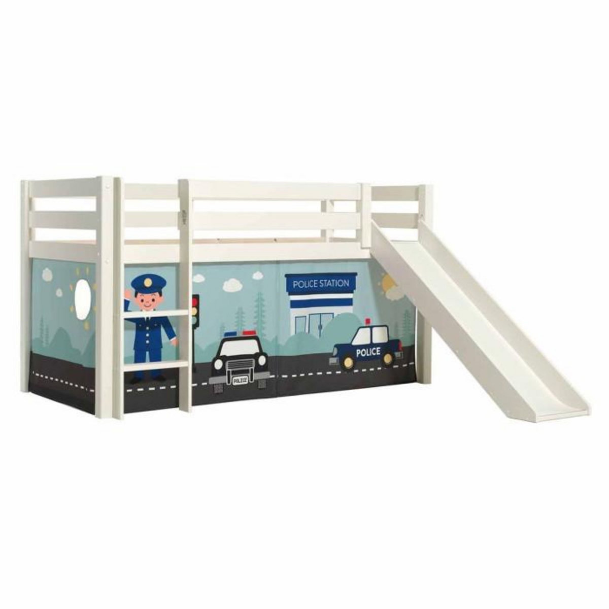 Paris Prix Lit Enfant Surélevé Avec Toboggan  Pino Police  90x200cm Blanc