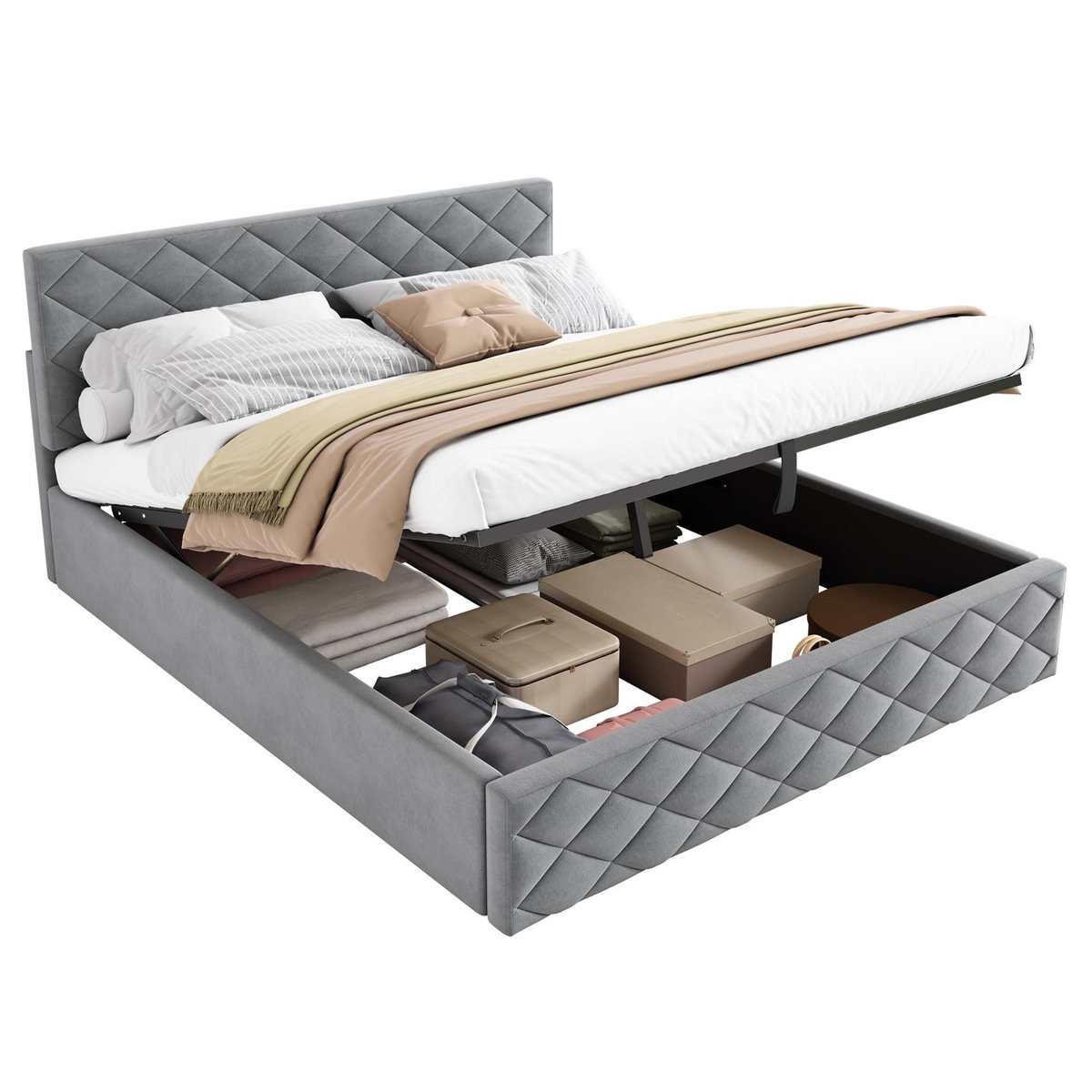 MERAX Lit coffre rembourré 140x200cm velours coloris gris