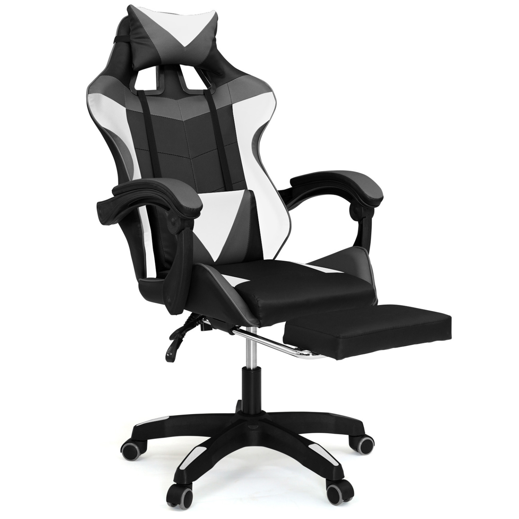 ID MARKET Fauteuil de gaming alex réglable avec repose-pied, coussin de tête et coussin lombaire noir blanc et gris