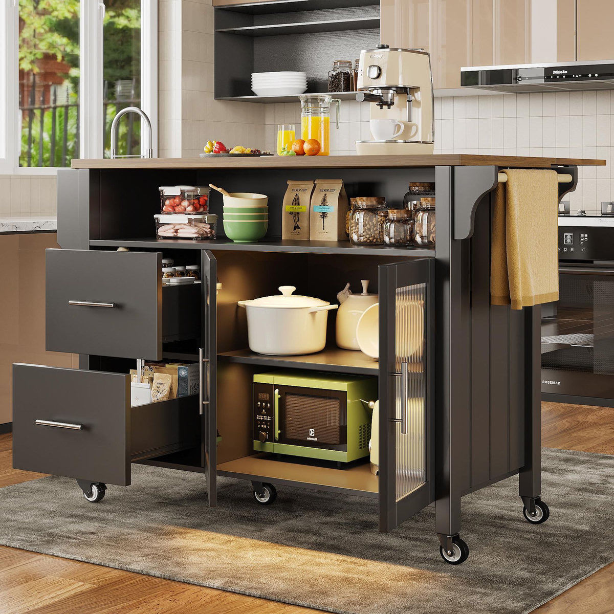 MERAX Desserte 2 portes 2 tiroirs coloris noir mdf