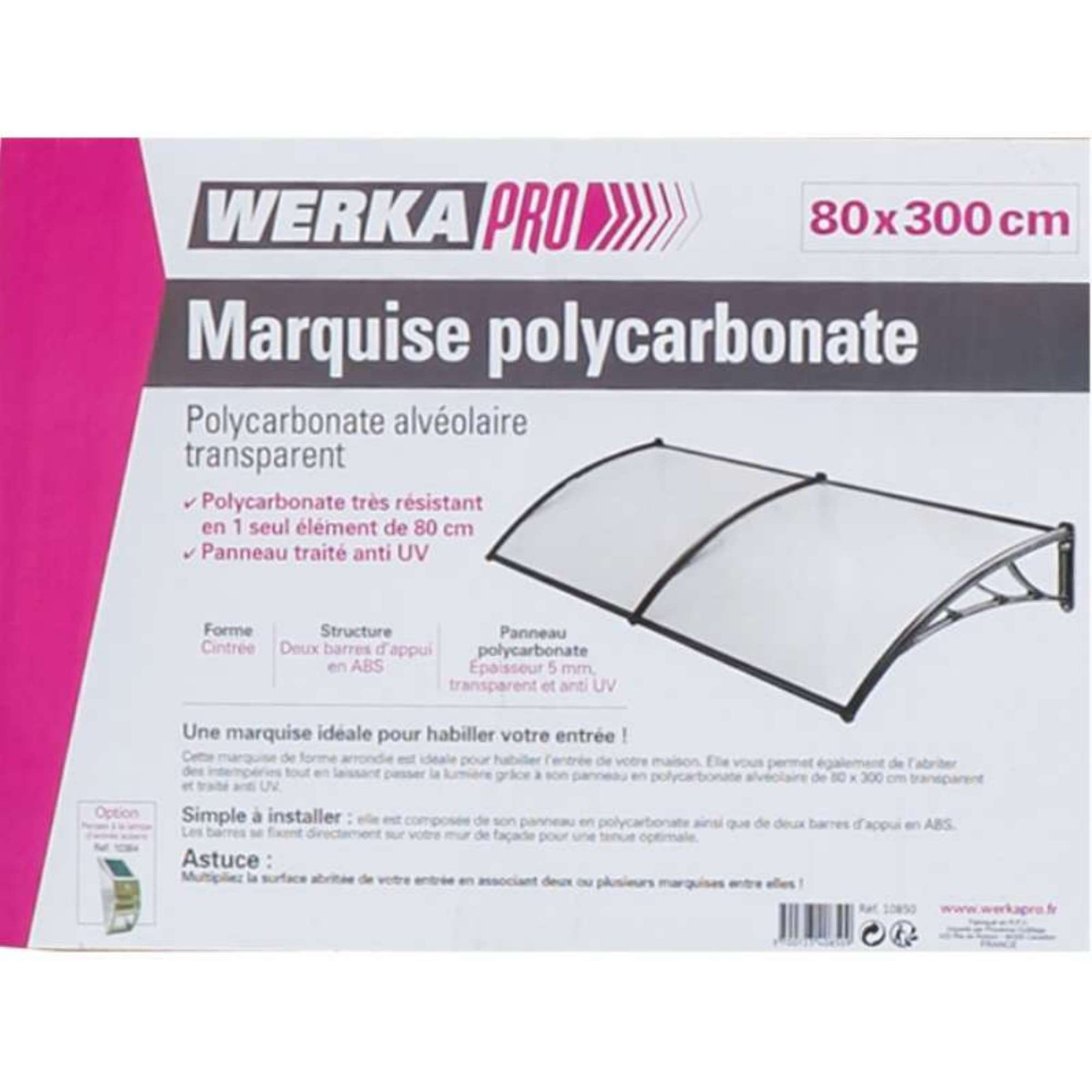 Voir la diapositive 2 :  Marquise en polycarbonate 2 panneaux Werkapro  80 x 300 cm