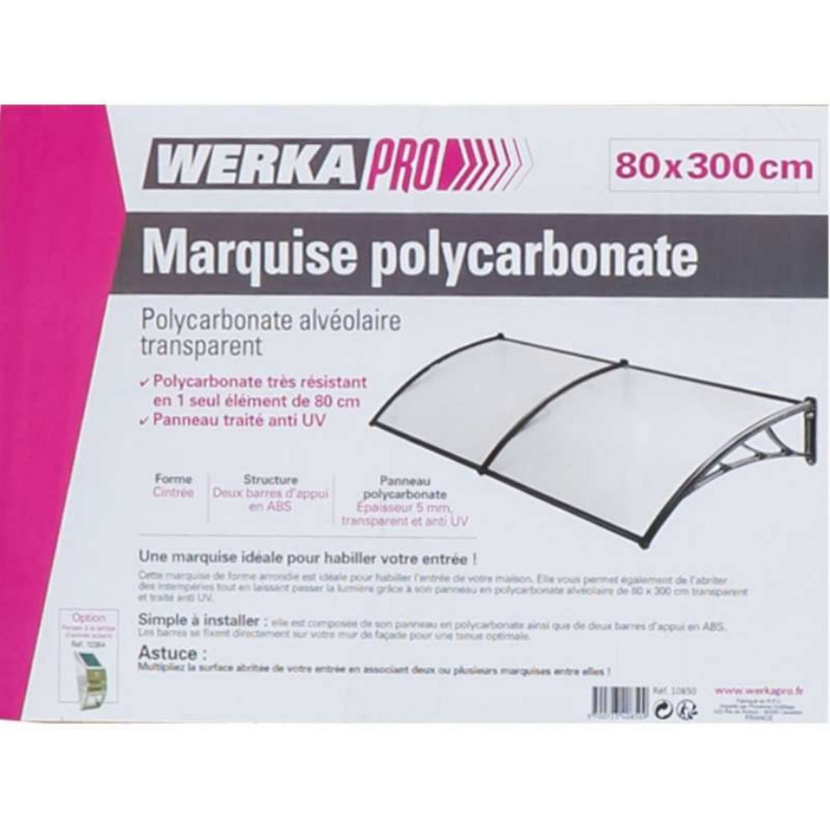 Marquise en polycarbonate 2 panneaux Werkapro  80 x 300 cm