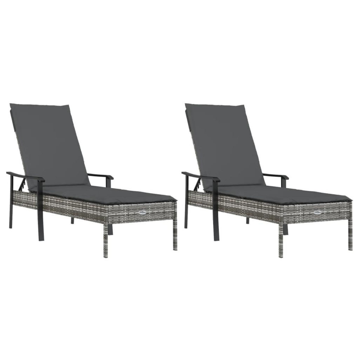 VIDAXL Chaises longues lot de 2 avec table et coussins gris poly rotin