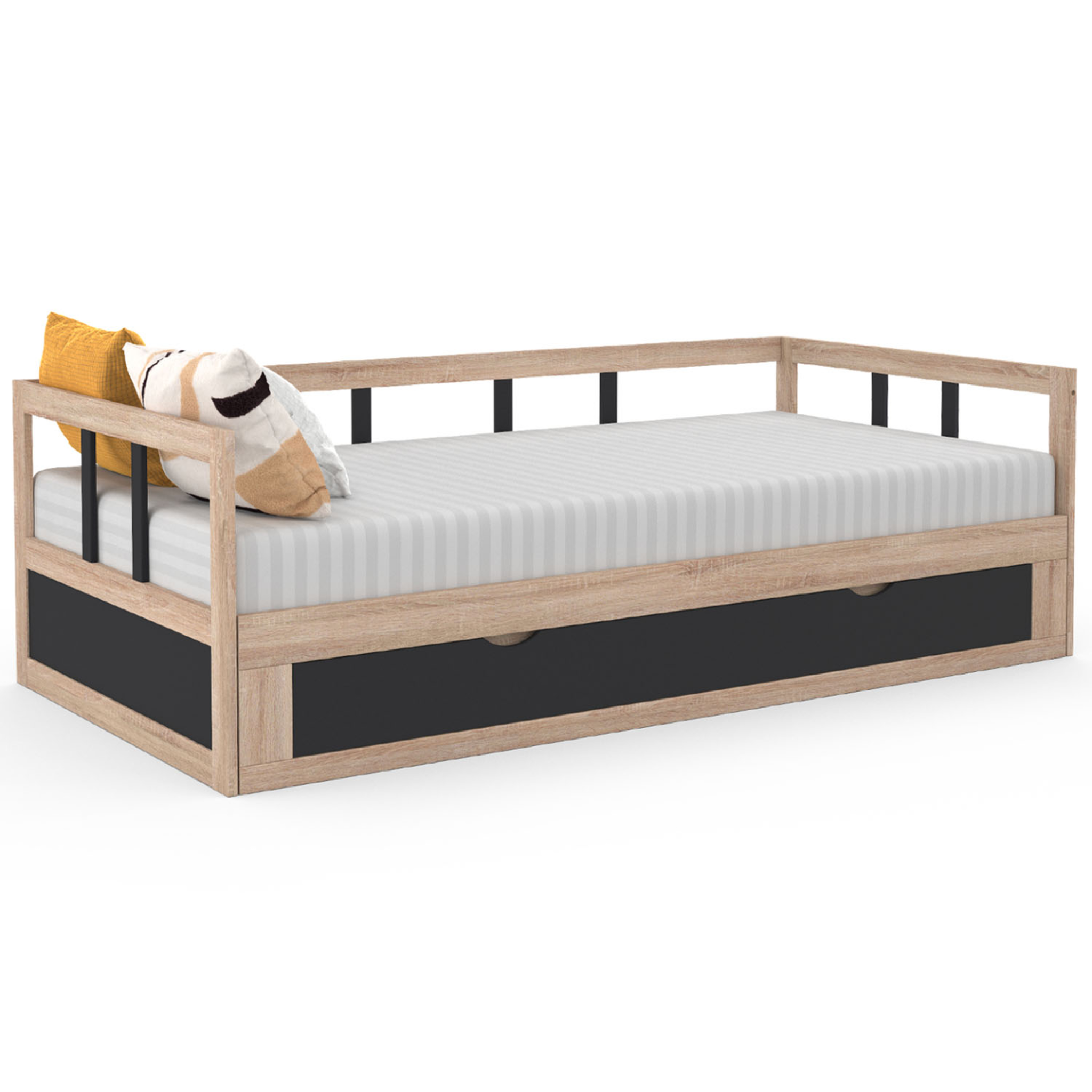 ID MARKET Lit banquette 90 x 190 cm zoya convertible 180 x 190 cm hêtre et noir avec 1 tiroir de rangement