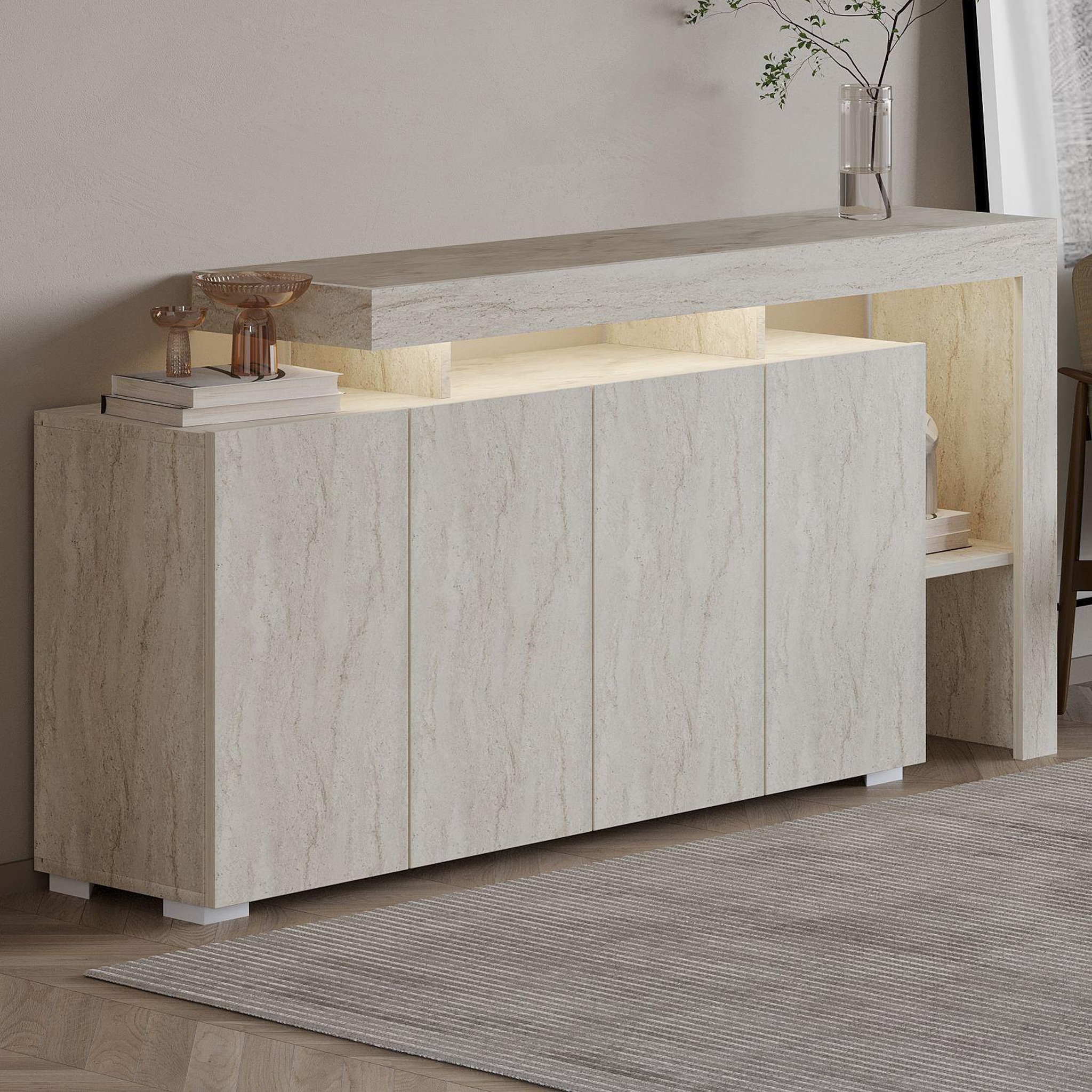 Voir la diapositive 3 : Habitat et Jardin Buffet en bois  beliz  - 170 x 35 x 80 cm - travertin