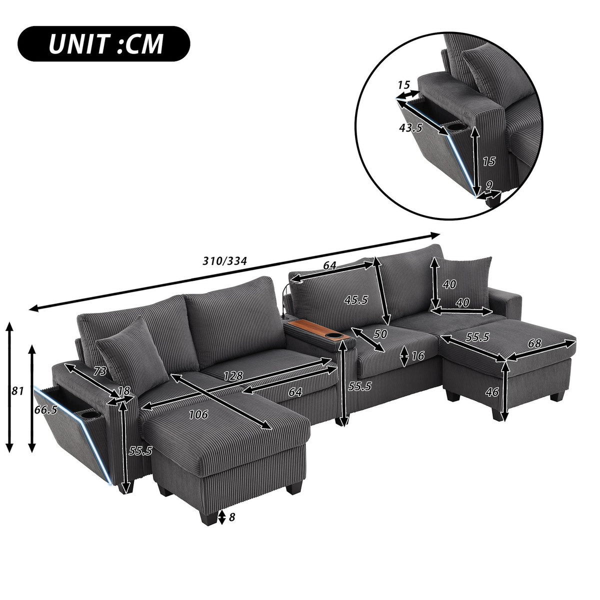 MERAX Canapé d'angle panoramique fixe 4 places tissu