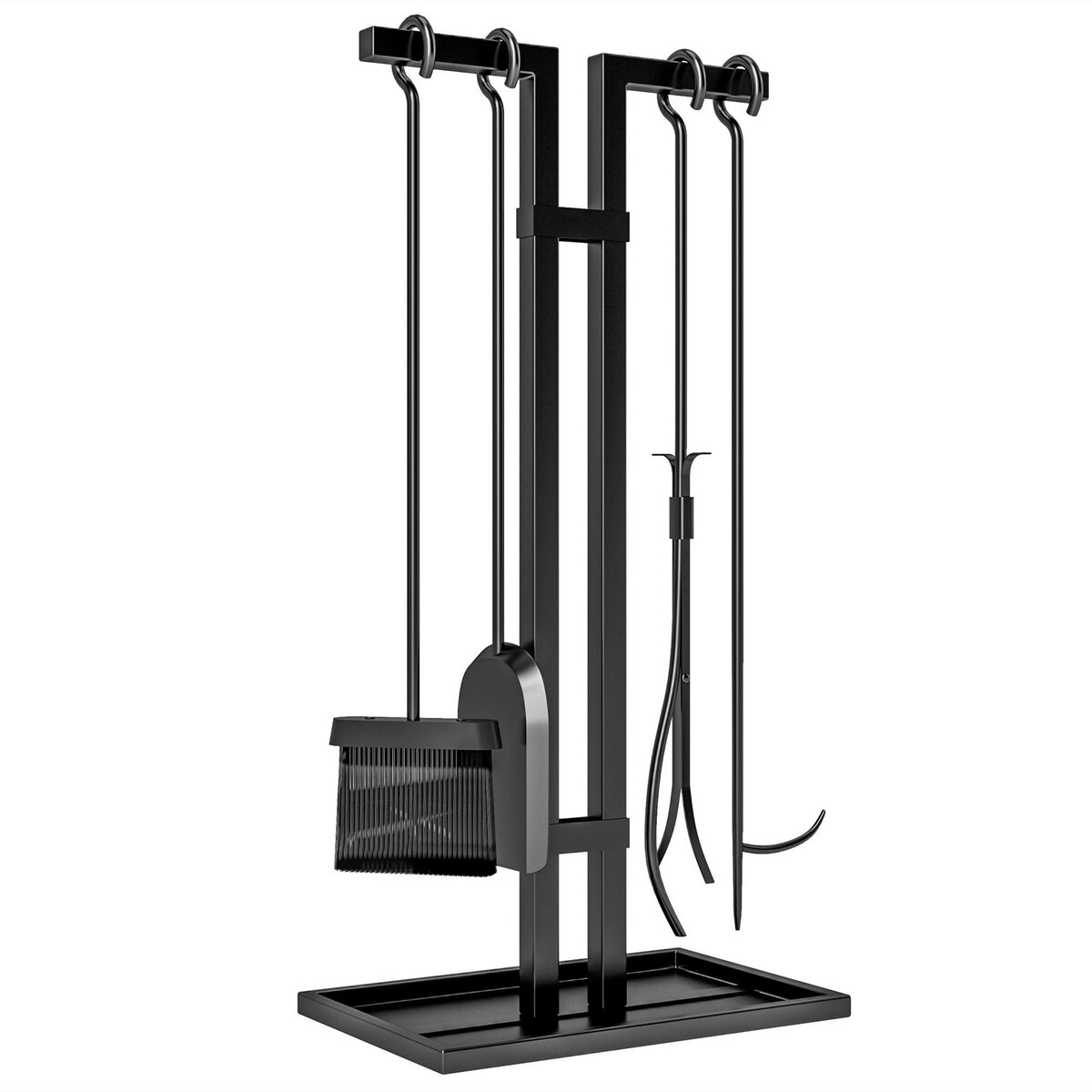 OUTSUNNY Serviteur de cheminée moderne 5 pièces - balai, pelle, pince, tisonnier, support - métal noir