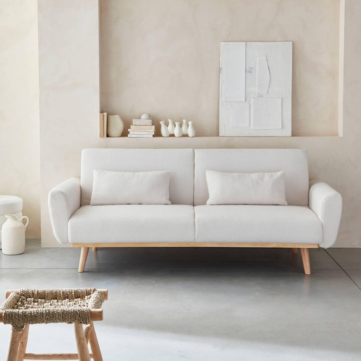 SWEEEK Canapé convertible à bouclettes blanches- Oskar - 2 - 3 places scandinave droit avec pieds bois
