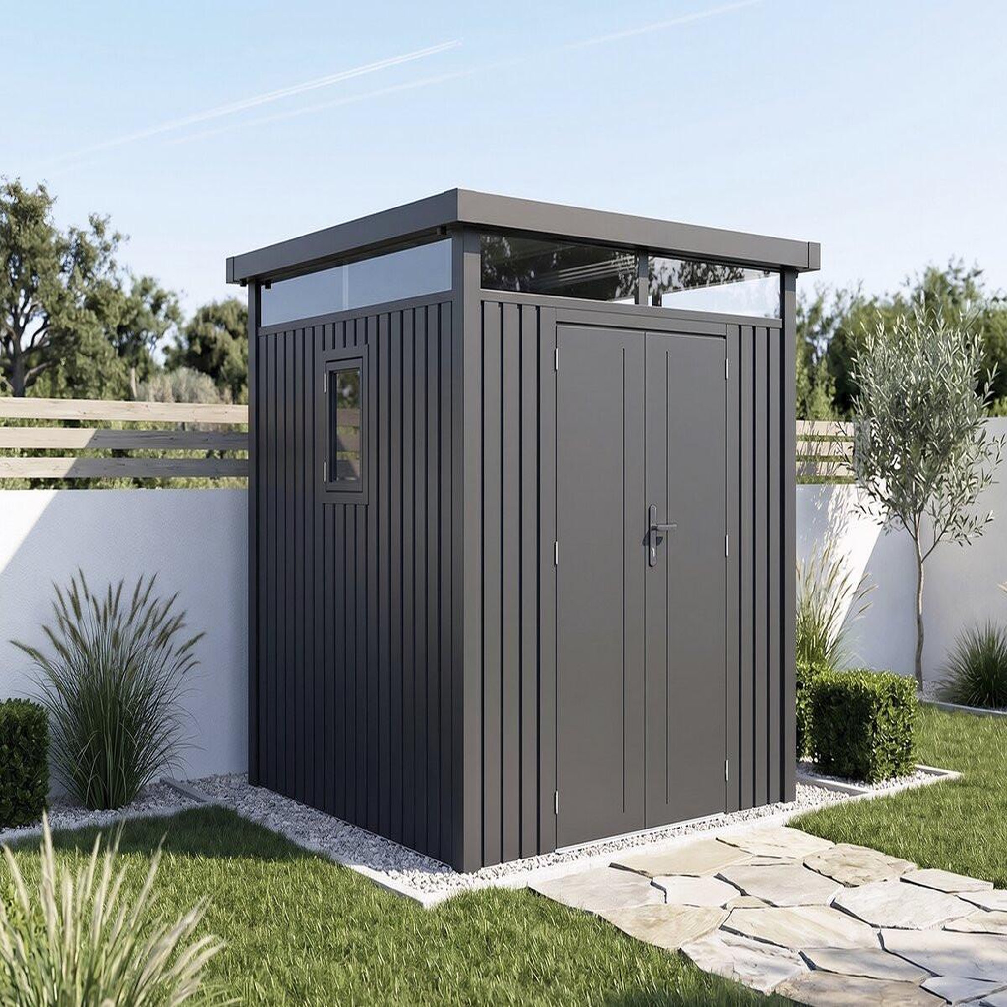 Voir la diapositive 2 : Habitat et Jardin Abri de jardin métal premium avec toit plat et porte battante  Lexinton  - 5,29 m² - Gris