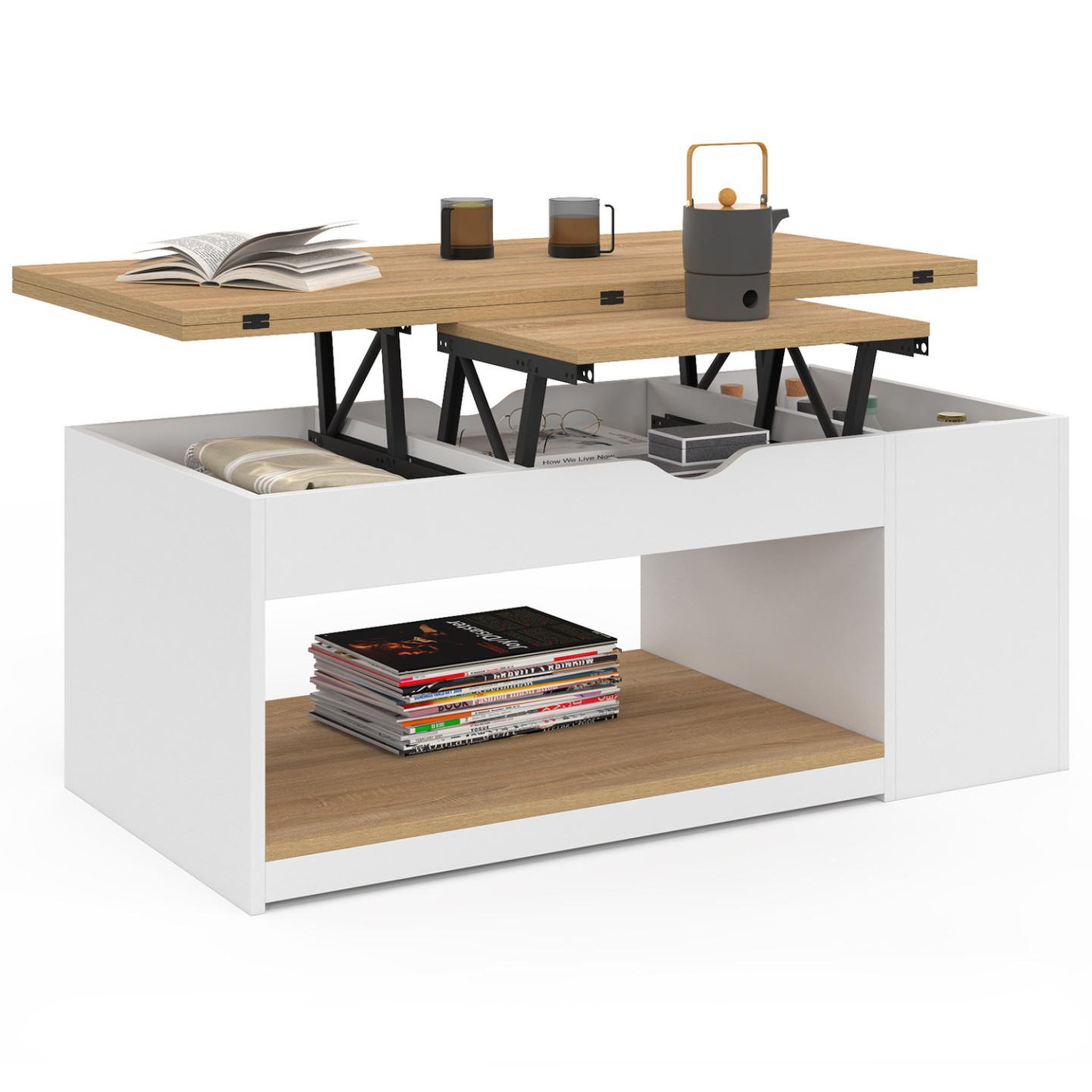 Voir la diapositive 4 : ID MARKET Table basse plateau relevable rectangulaire convertible en table à manger elea 100 cm bois blanc et façon hêtre