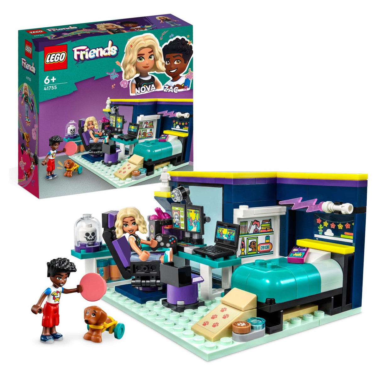 LEGO Friends 41755 La chambre de Nova, Jouet sur le Thème du Gaming, à Collectionner avec la Mini-Poupée 2023 Zac et Chien Pickle