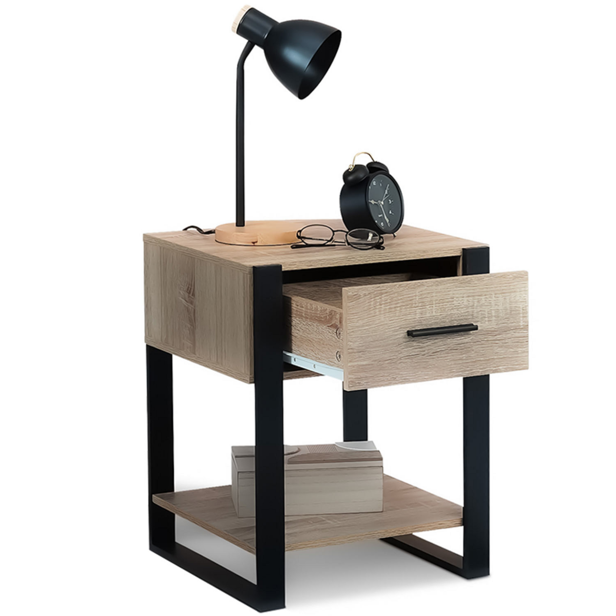 ID MARKET Lot de 2 tables de chevet ONYX 1 tiroir avec tablette bois et noir