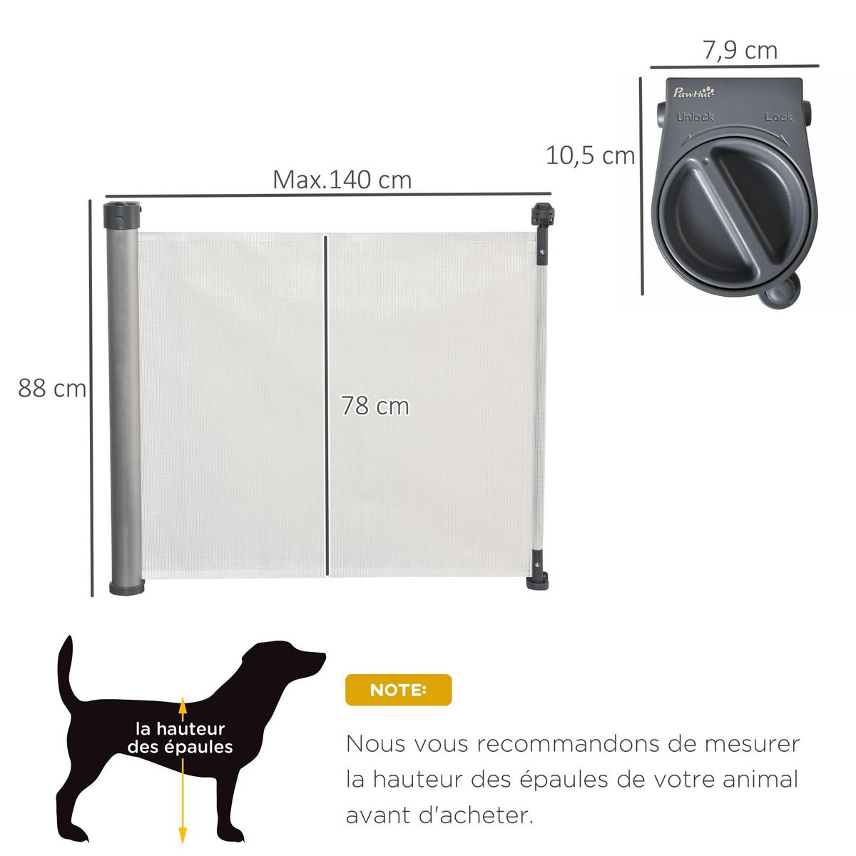 PAWHUT Barrière de sécurité barrière animaux rétractable automatique dim. 1,4L x 0,88H m aluminium maille PVC blanc