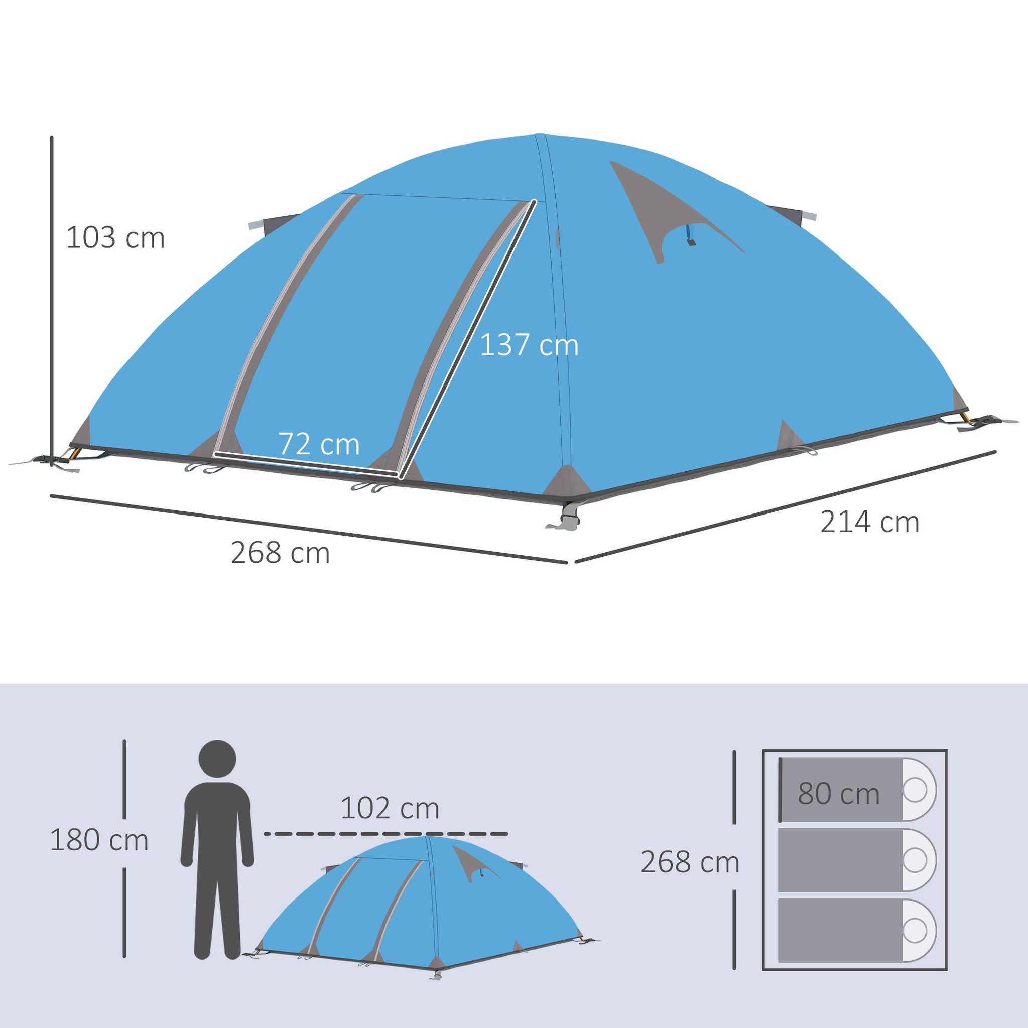 Voir la diapositive 3 : OUTSUNNY Tente de camping 2-3 personnes dim. 268L x 214l x 103H cm - 2 portes zippées, tapis sol, sac transport - alu. polyester gris bleu