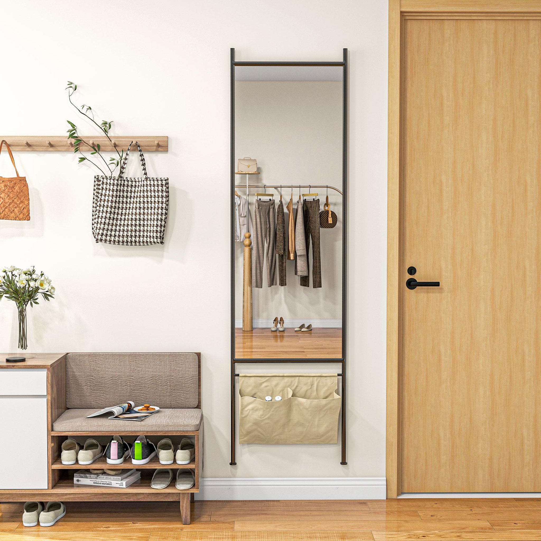 Voir la diapositive 4 : HOMCOM Miroir rectangulaire sur pied dim. 56L x 2l x 190H cm - 2 pochettes rangement - métal noir