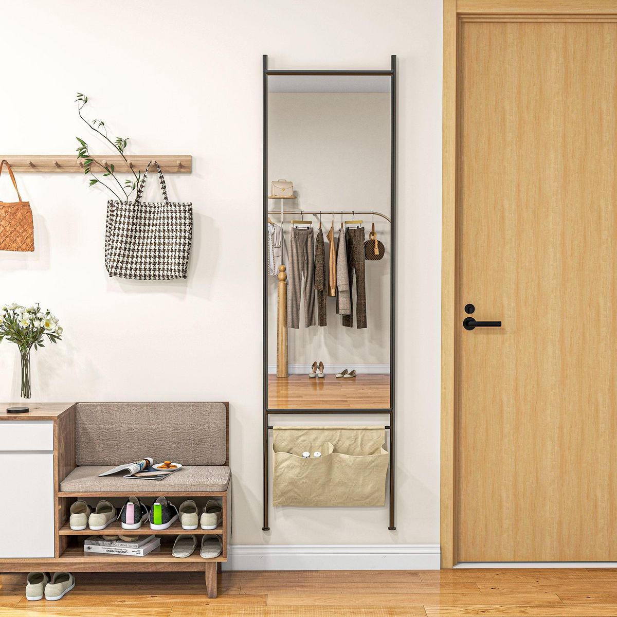 HOMCOM Miroir rectangulaire sur pied dim. 56L x 2l x 190H cm - 2 pochettes rangement - métal noir