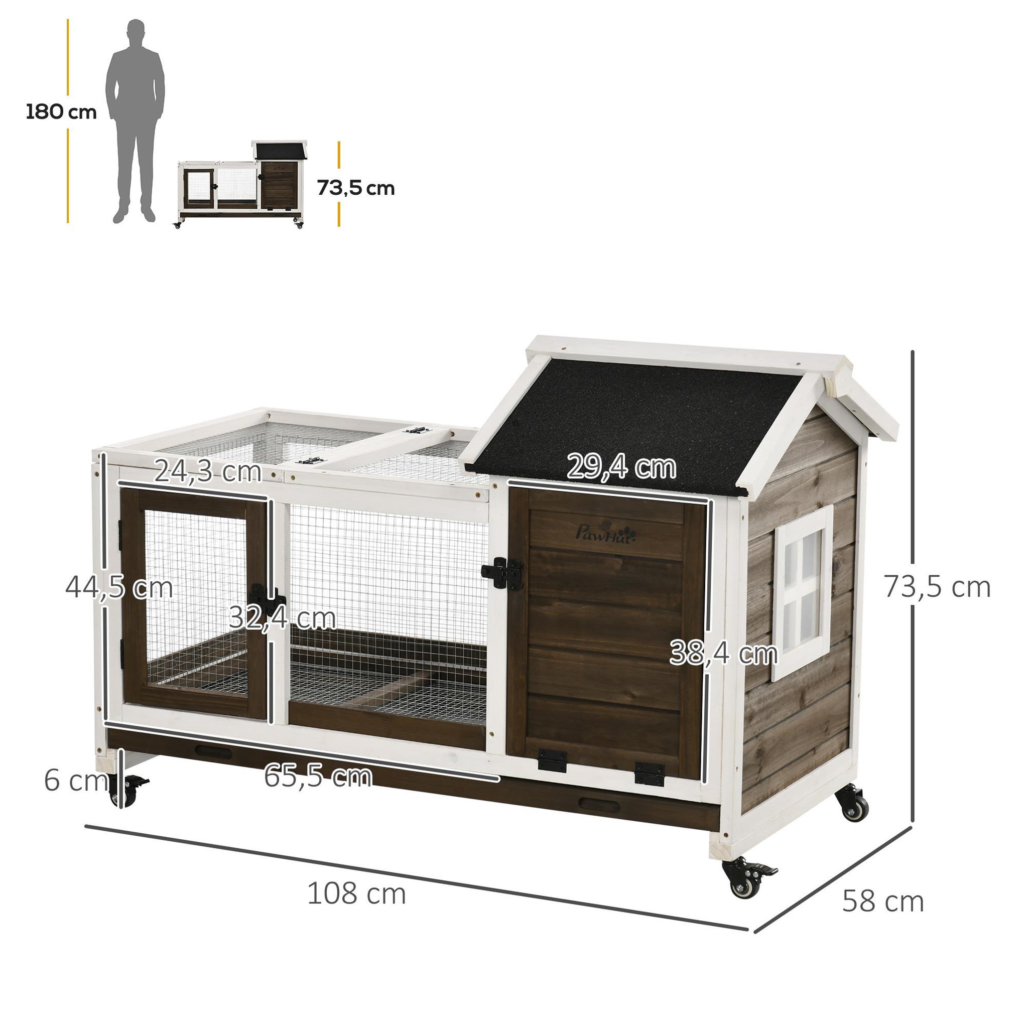Voir la diapositive 5 : PAWHUT Clapier à lapin sur roulettes cage à lapin porte, rampe trappe verrouillables toit ouvrant niche bois sapin acier café blanc