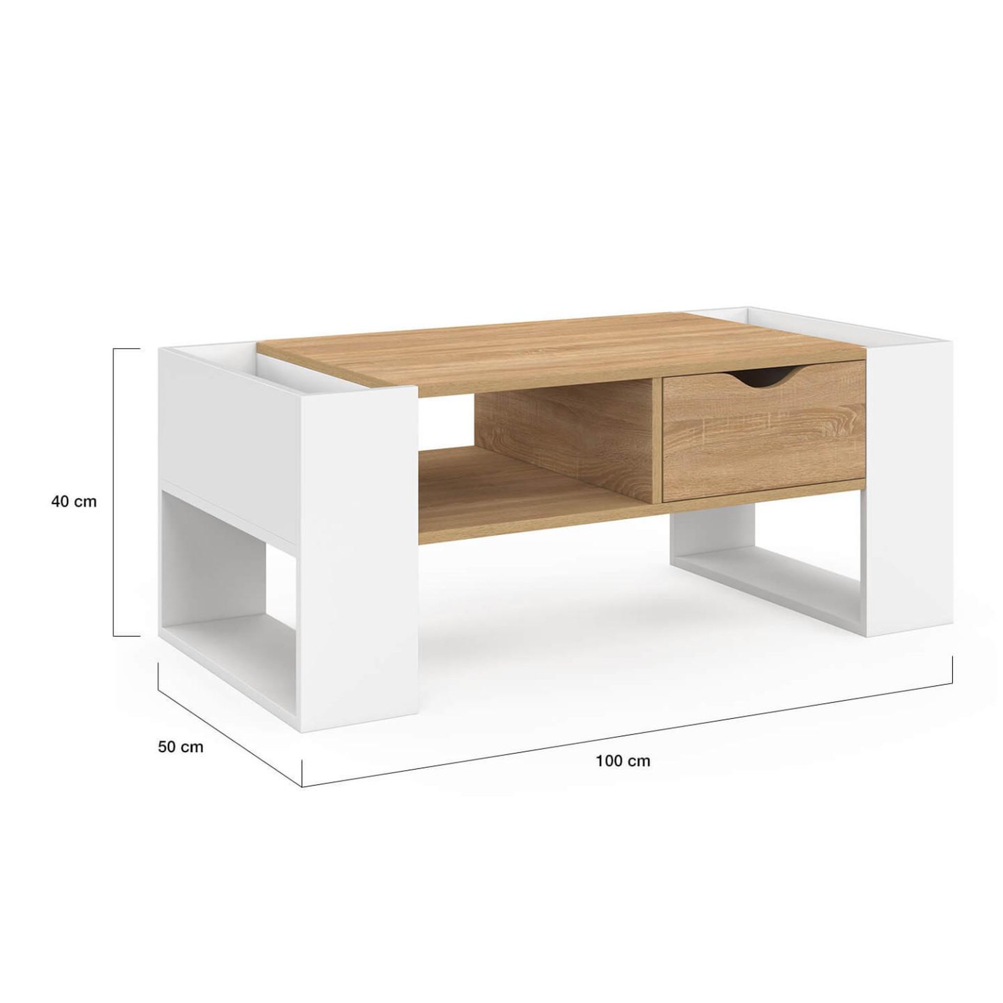 Voir la diapositive 5 : ID MARKET Table basse rectangulaire beryl avec tiroir bois blanc et façon hêtre