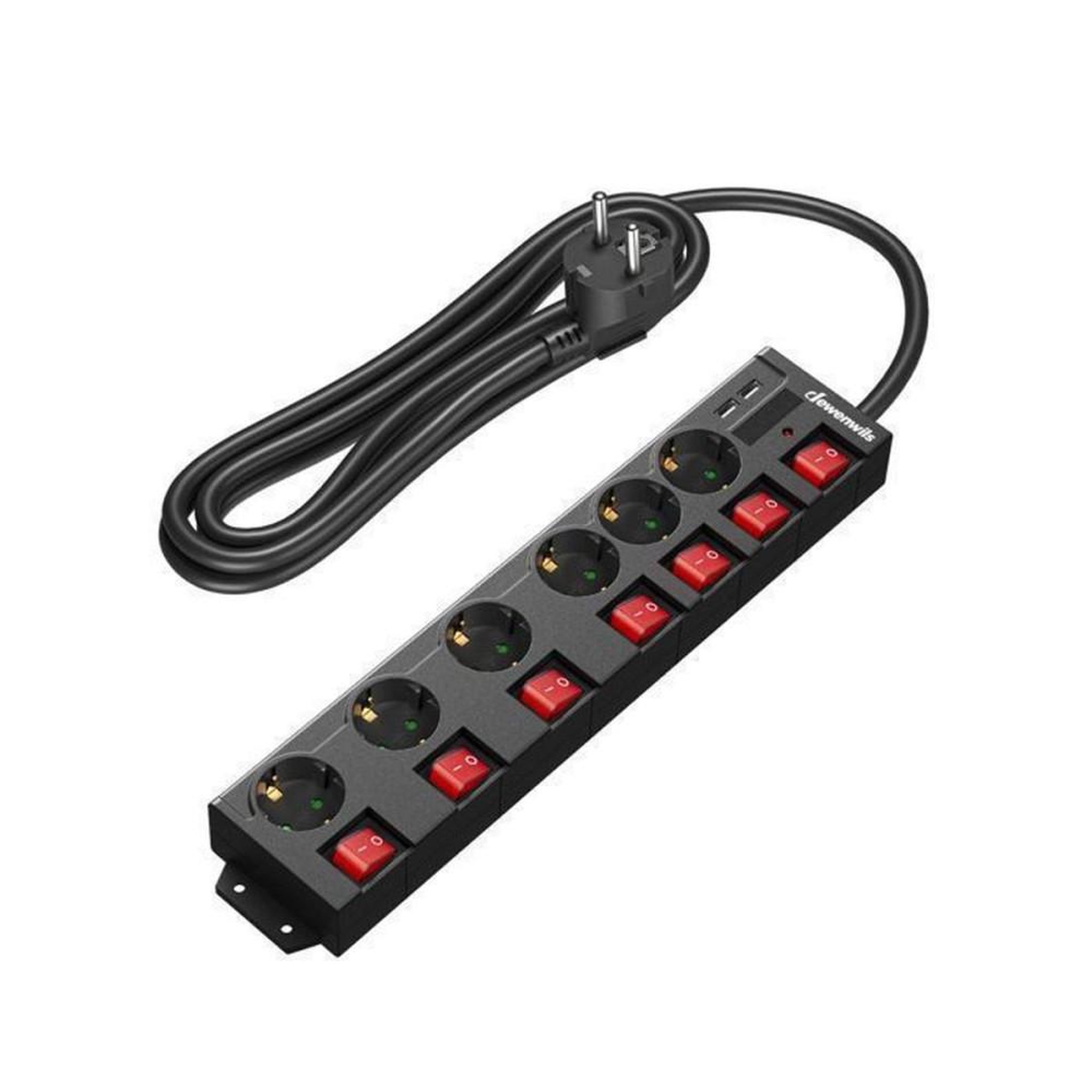 Multiprise parafoudre 6 prises AC + 2 USB 3680 W 16 A, câble 3 m, 7 interrupteurs LED, fixation murale ou bureau, noire