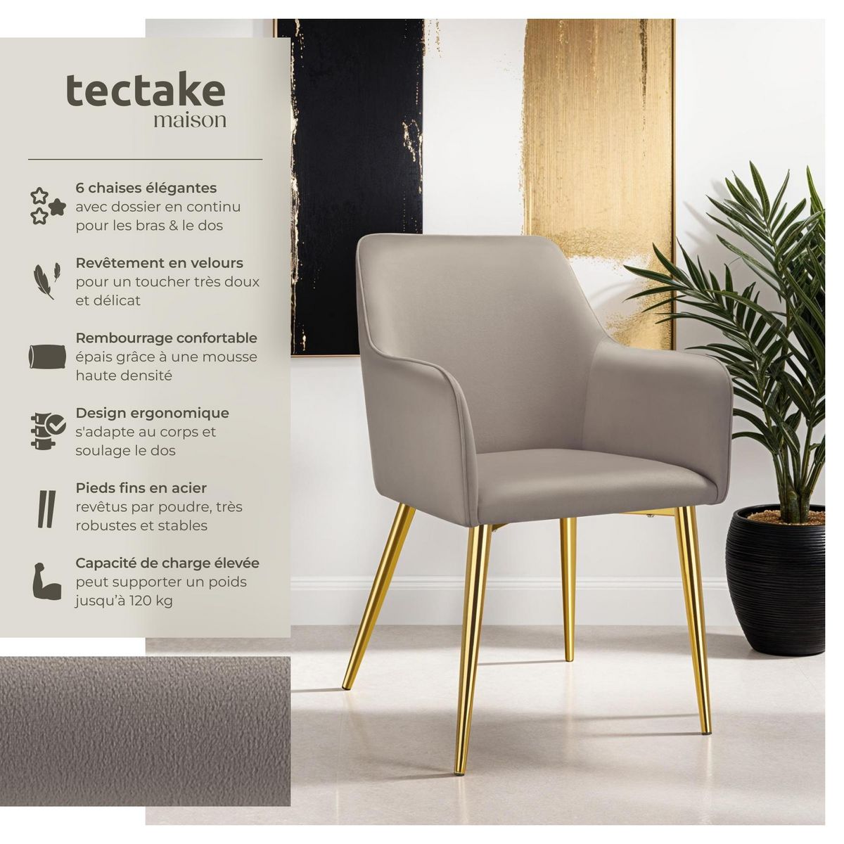 tectake Fauteuil en velours rembourré taupe Lot de 6