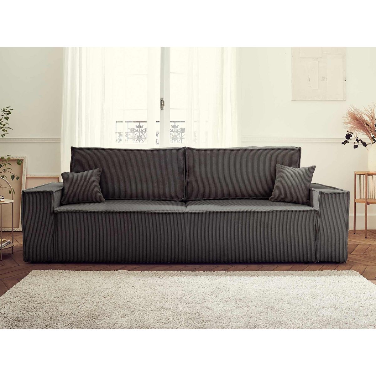 BEST MOBILIER Dellia - canapé 3 places convertible - avec coffre - en velours côtelé - style contemporain