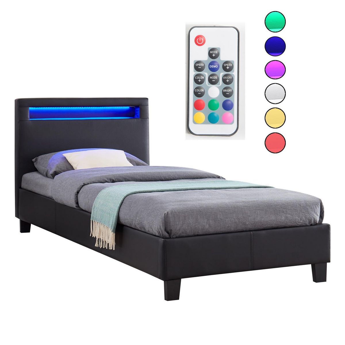 IDIMEX Lit LED simple LUCENO 90x190 cm, avec sommier, revêtement synthétique