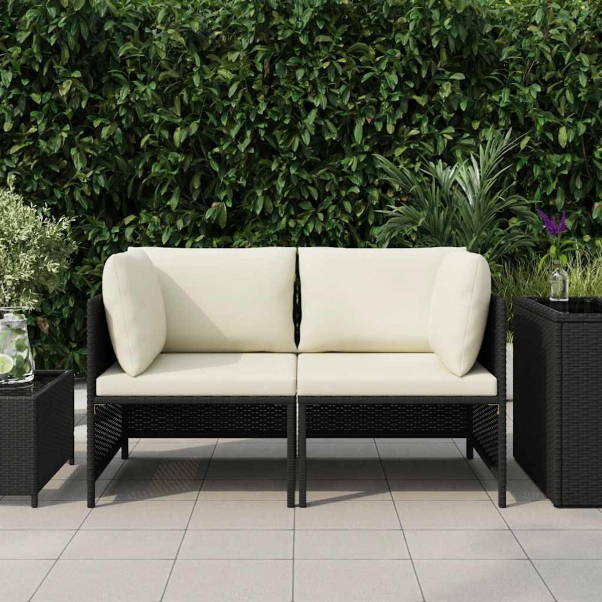 VIDAXL Canape de jardin a 2 places avec coussins Noir Resine tressee