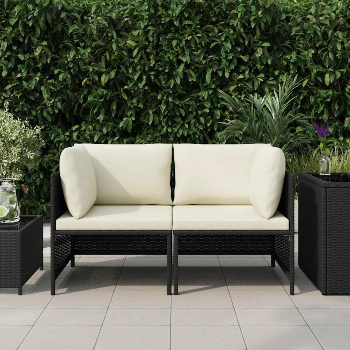 VIDAXL Canape de jardin a 2 places avec coussins Noir Resine tressee