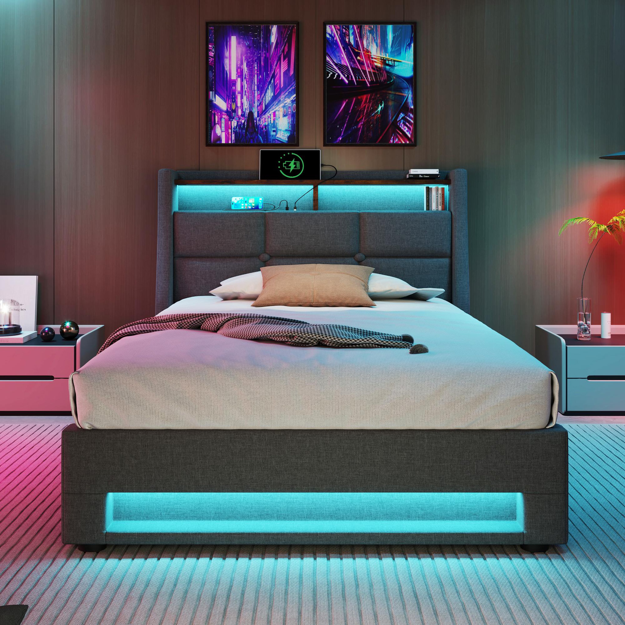 Voir la diapositive 3 : MERAX Lit coffre avec USB et LED Lin gris