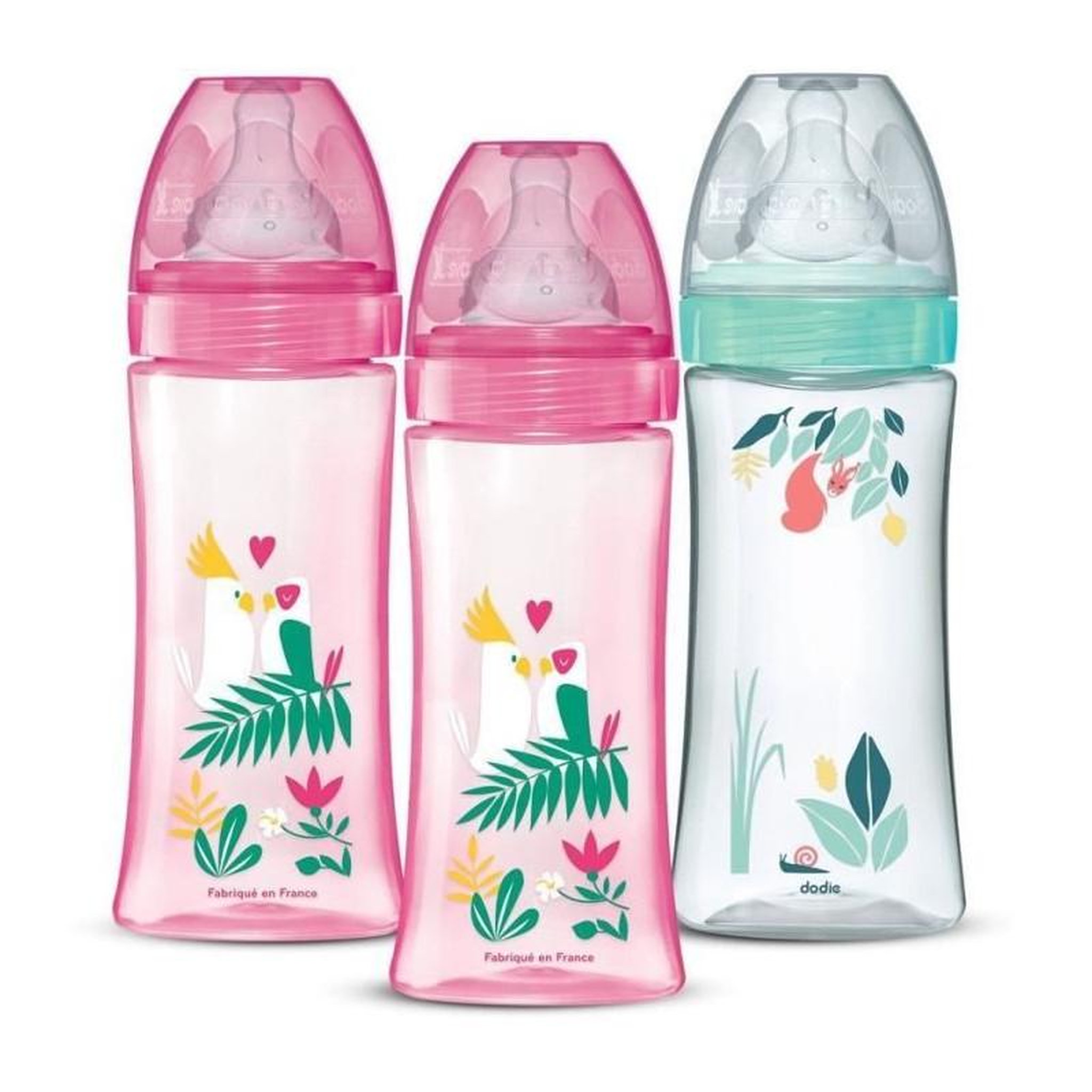 DODIE Lot de 3 Biberons anti-coliques - DODIE - Anti-coliques - Tétines rondes - 330 ml - +6 mois - 3 vitesses - Débit 3 - Rose et v