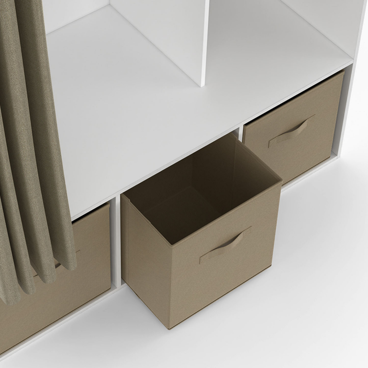 ID MARKET Dressing penderie DIANE 105 x 50 x 172 cm blanc avec étagères + boites de rangement + rideau taupe