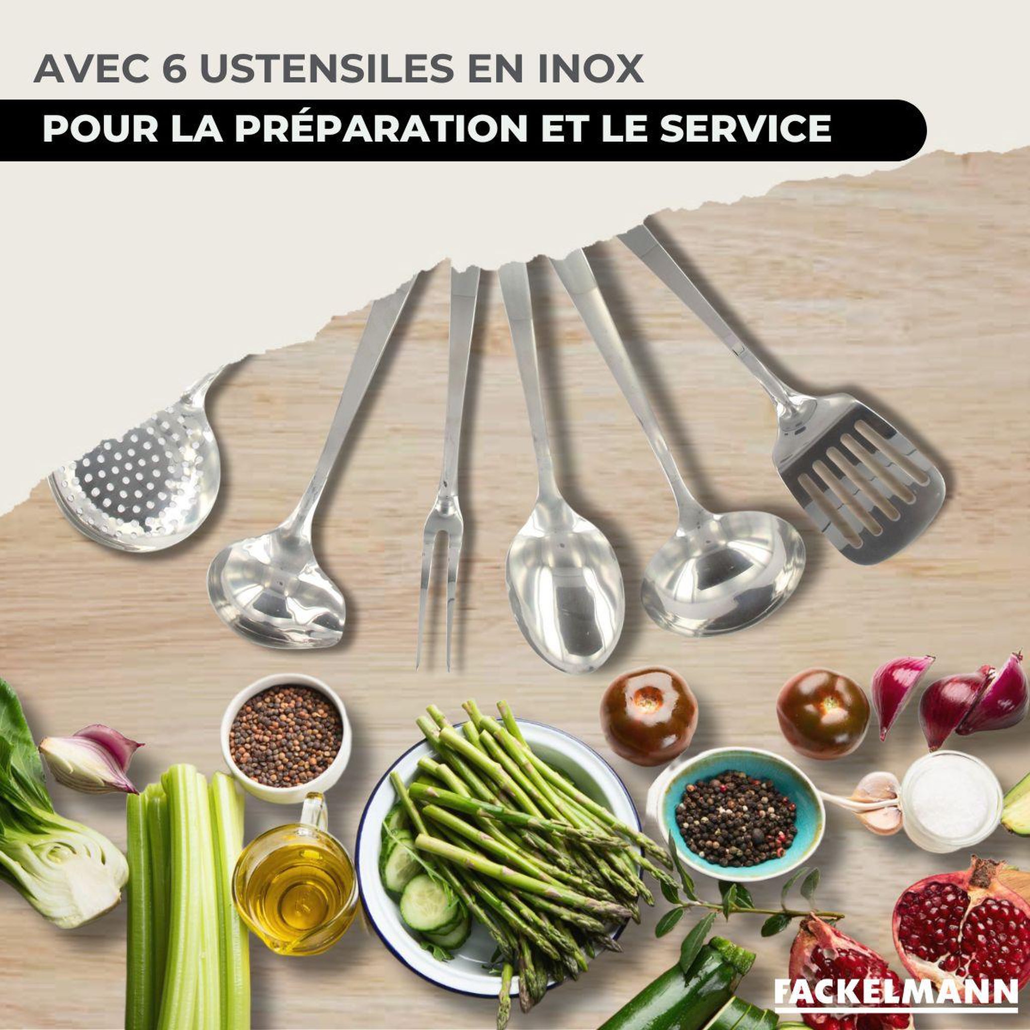 Voir la diapositive 5 : Fackelmann Set de 2 poêles 20 et 28 cm en inox, 2 couvercles verre et 6 ustensiles inox fackelmann eterna