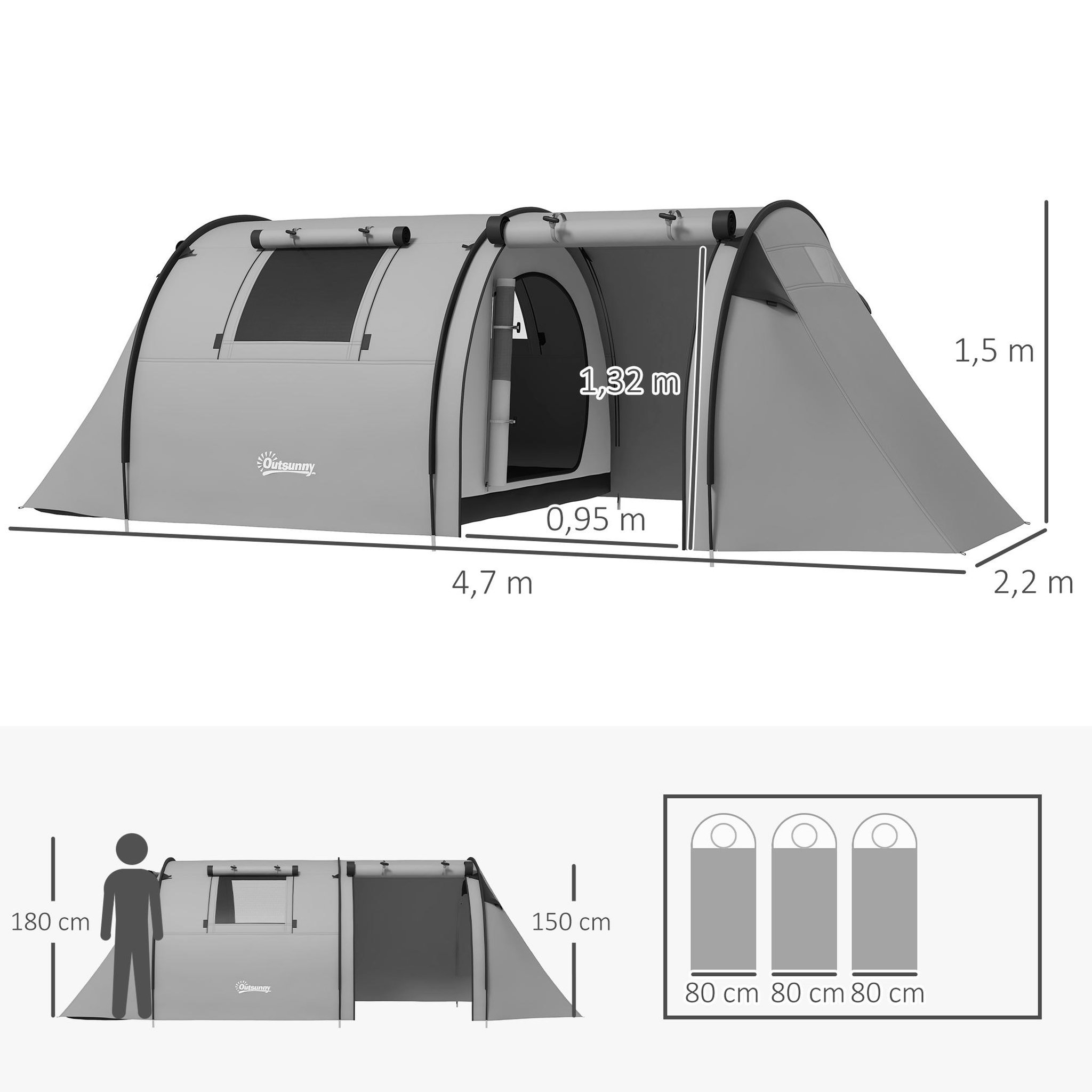 Voir la diapositive 3 : OUTSUNNY Tente de camping 3-4 pers. Étanchéité 3000 mm chambre salon sac gris