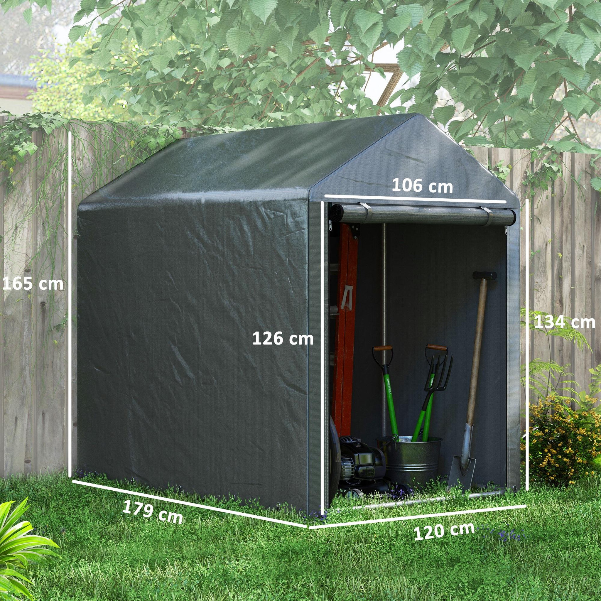 Voir la diapositive 3 : OUTSUNNY Abri de jardin tente de stockage portable abri de vélo garage pour extérieur avec cadre en métal galvanisé et grande porte, 1,2 x 1,8 m gris foncé