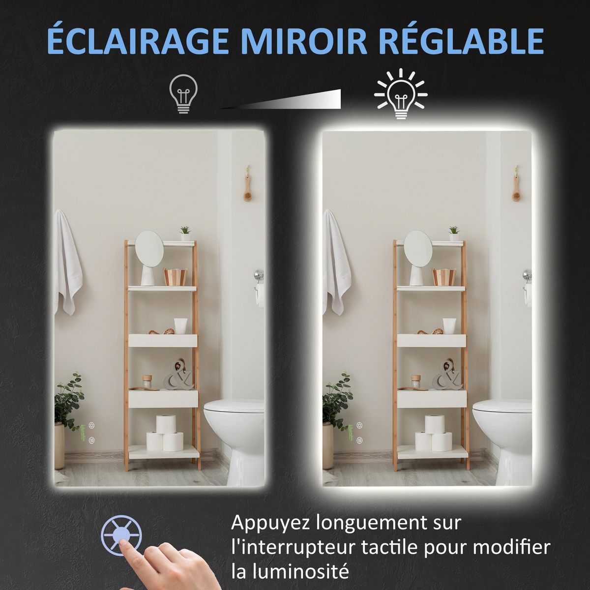 KLEANKIN Miroir salle de bain lumineux LED 42 W - dim. 90L x 3l x 60H cm - fonction anti-buée, interrupteur tactile, luminosité réglable - alu. verre