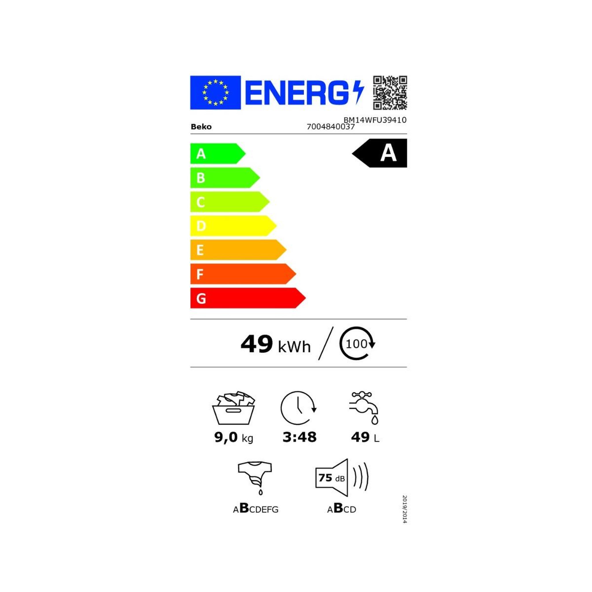 Voir la diapositive 2 : Beko Lave-linge frontal 9kg 1400 tours/min - bm14wfu39410