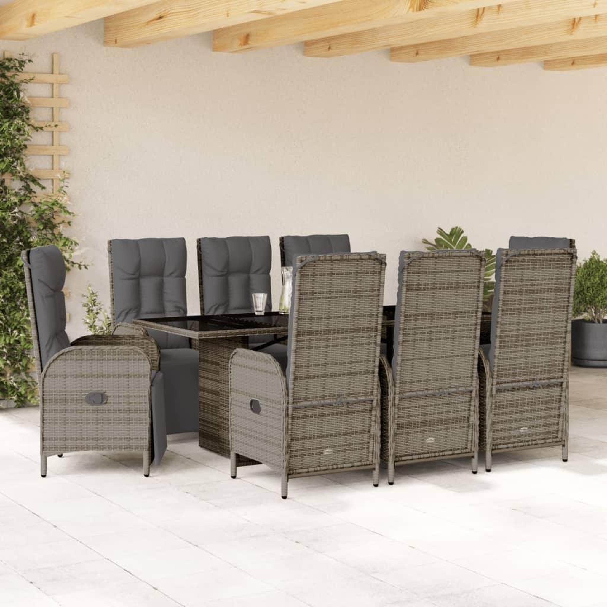 VIDAXL Ensemble a manger de jardin 9 pcs coussins gris resine tressee
