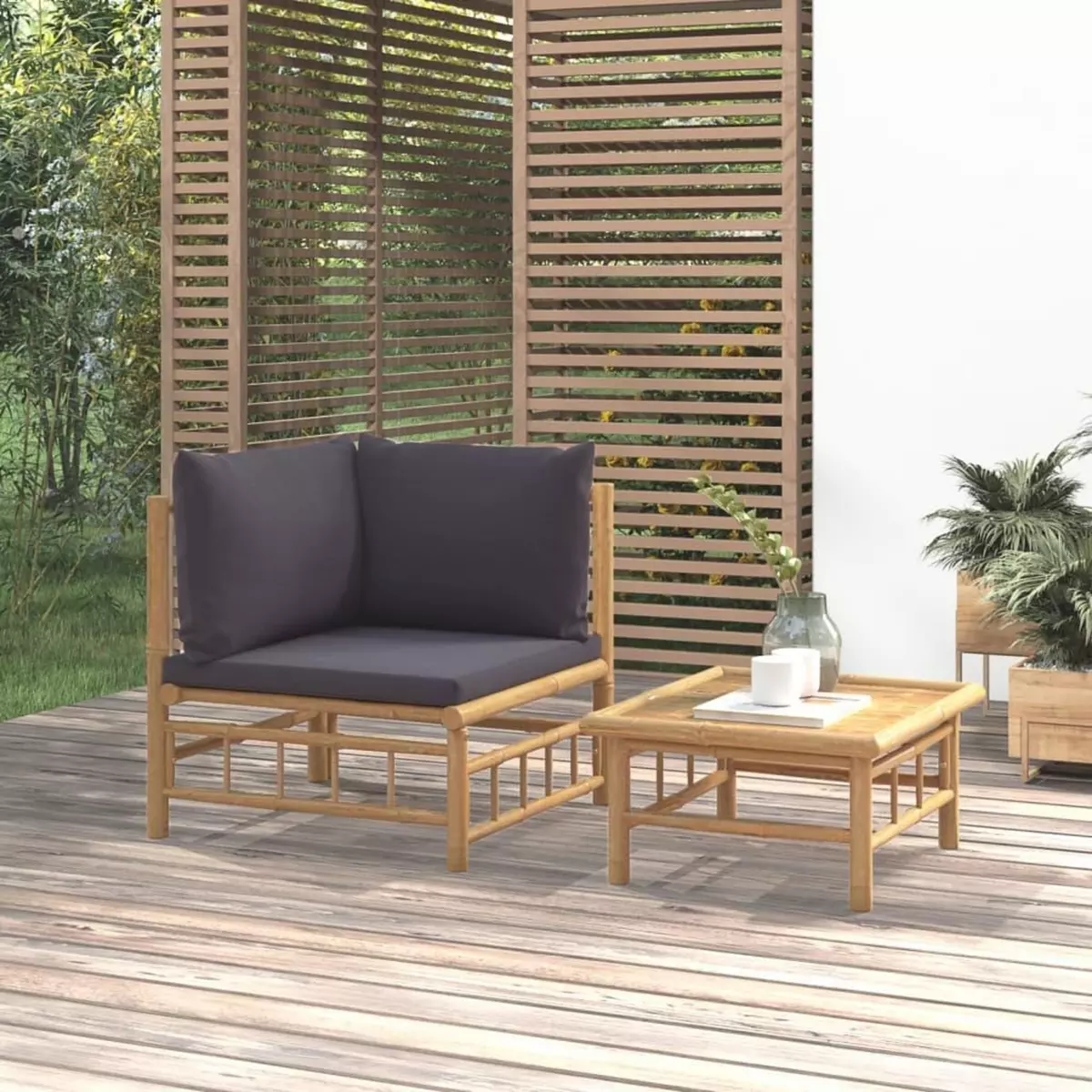 VIDAXL Salon de jardin 2 pcs avec coussins gris fonce bambou