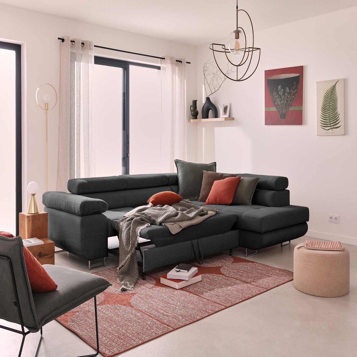 BEST MOBILIER Zaria - canapé d'angle droit - convertible avec coffre et têtières réglables - 5 places - en velours côtelé