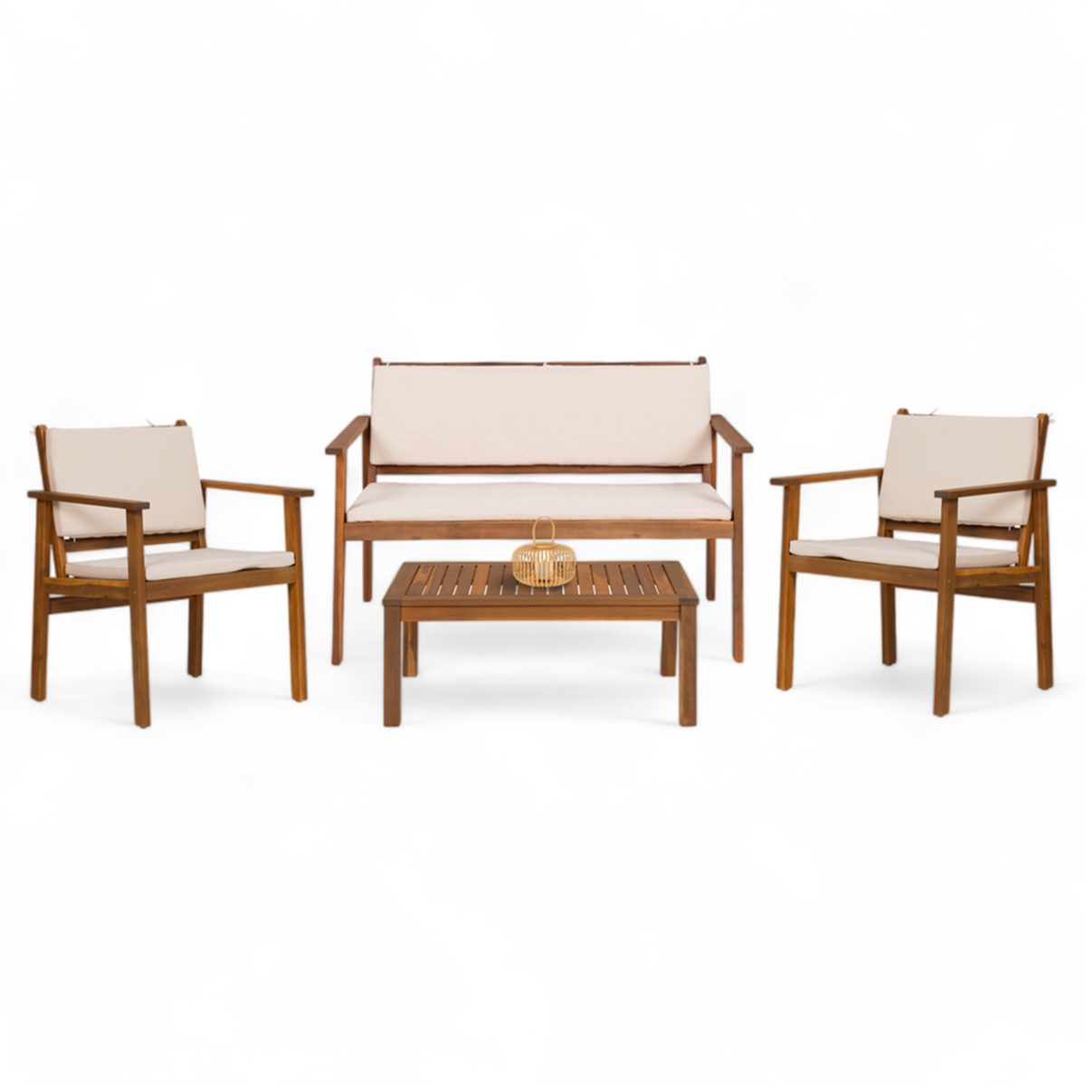 ID MARKET Salon de jardin bas JAKARTA 4 places en acacia avec canapé, fauteuils, table et coussins beige