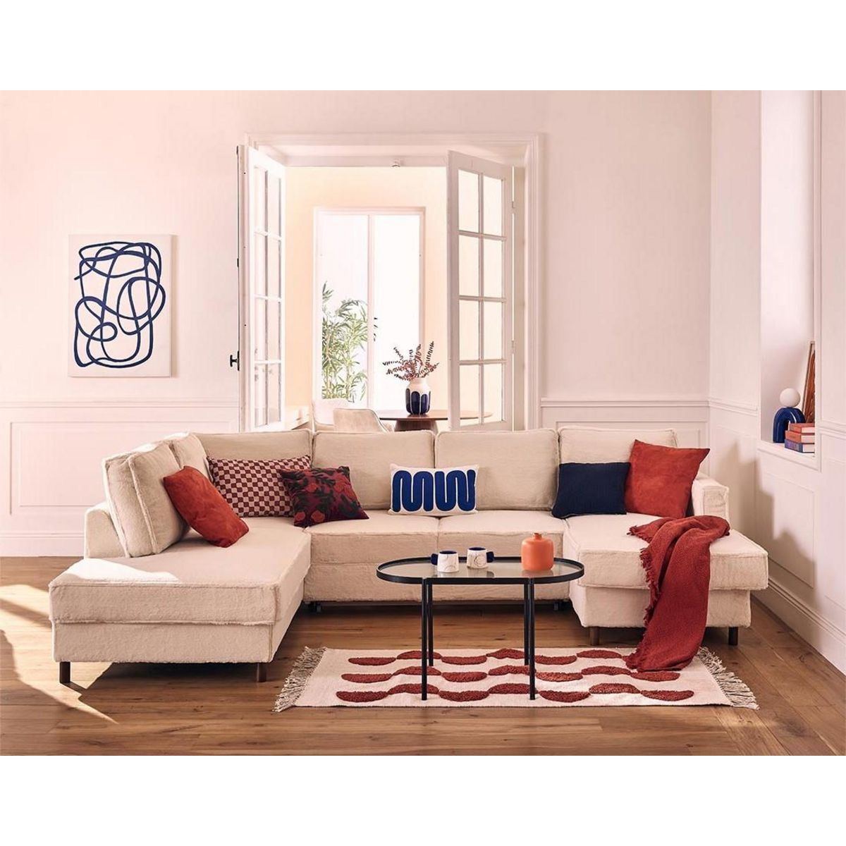 LISA DESIGN Jake - canapé panoramique d'angle gauche 7 places convertible avec coffre en fausse fourrure