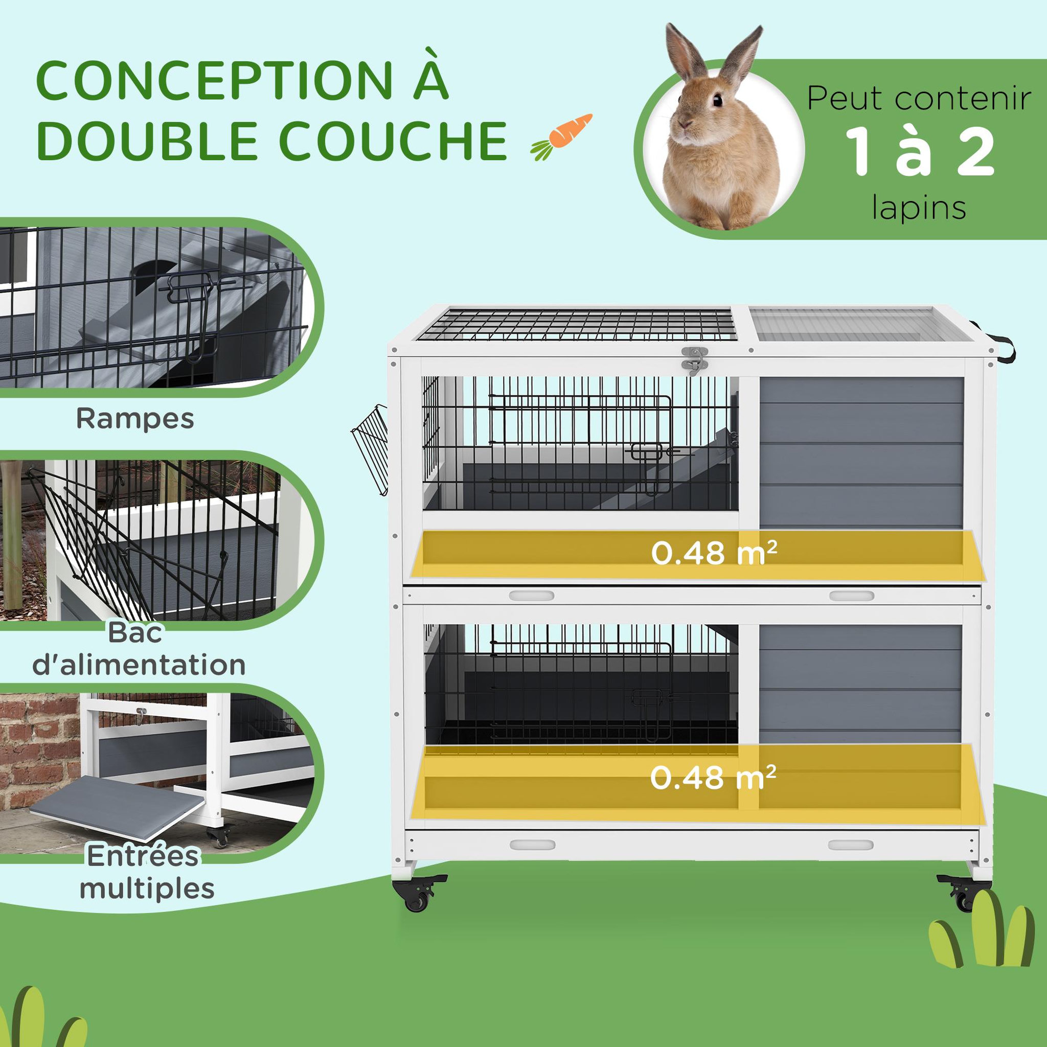 Voir la diapositive 4 : PAWHUT Clapier cage lapin sur roulettes - 2 niveaux, 2 plateaux, 3 portes, rampes - bois sapin gris blanc
