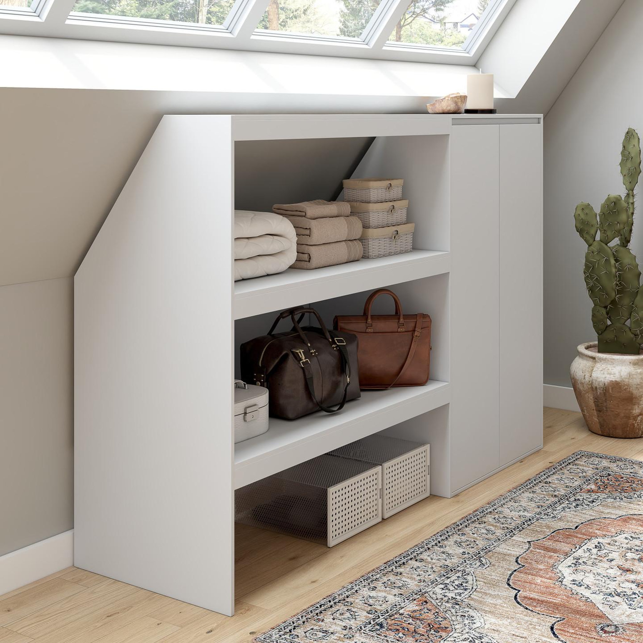 Voir la diapositive 2 : ID MARKET Ensemble étagère 2 niveaux + armoire 2 portes sous pente tomi blanc