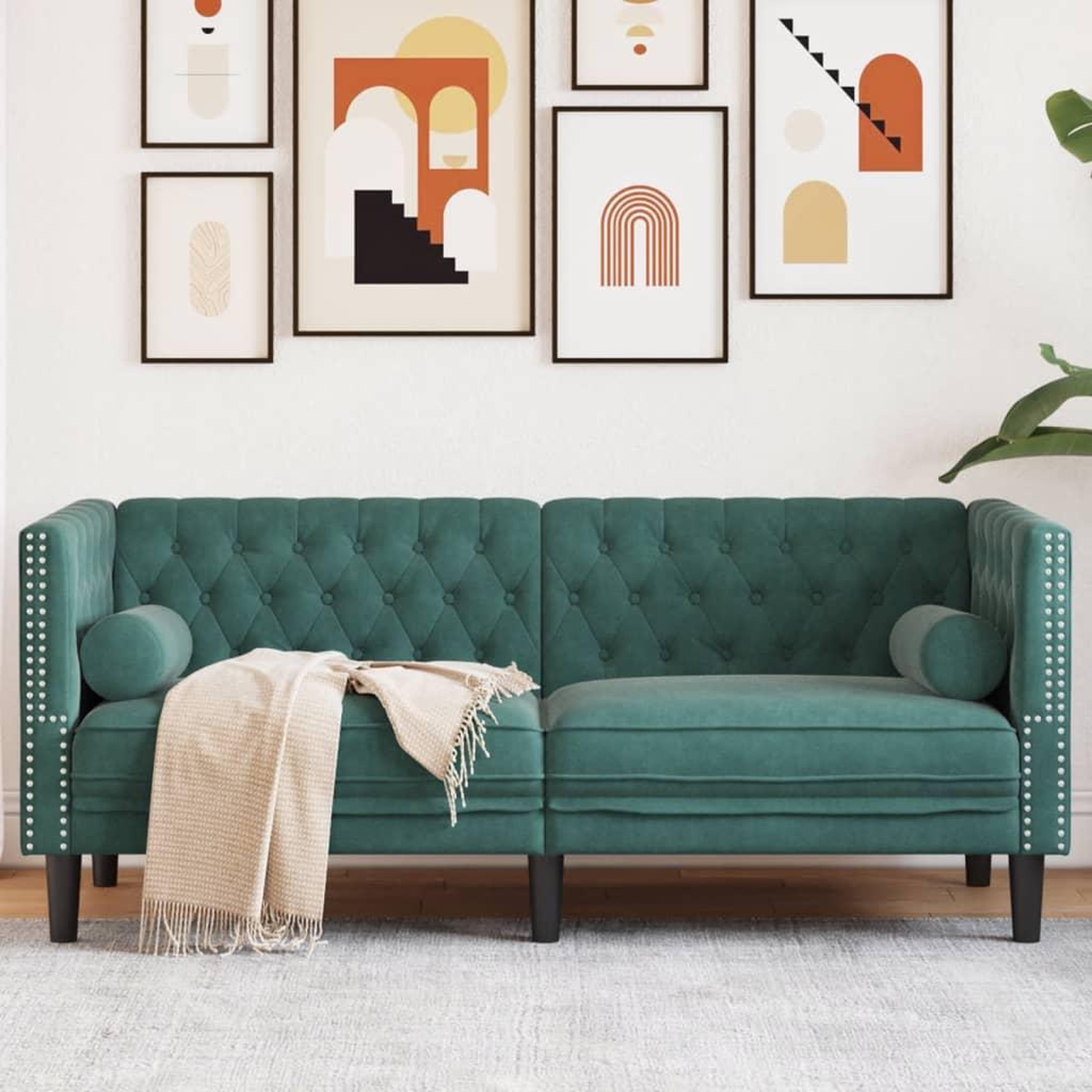VIDAXL Canape Chesterfield avec traversins 2 places vert fonce velours