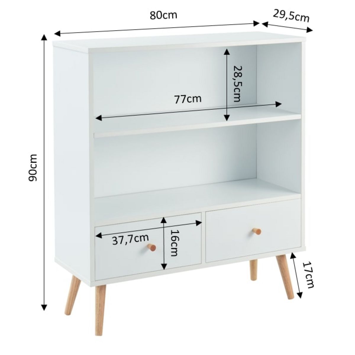Bibliothèque 2 tiroirs pieds bois massif L80cm MALMO