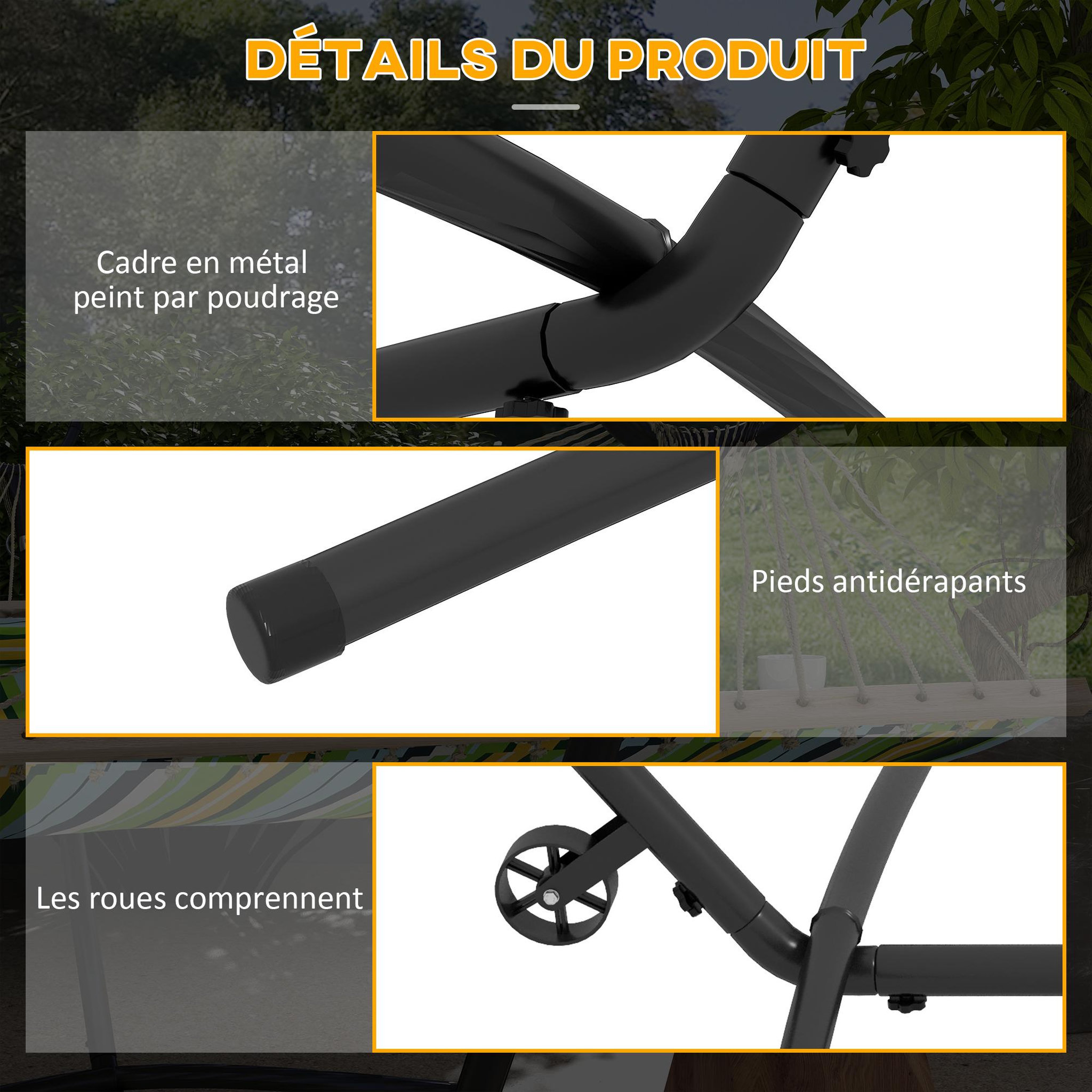 Voir la diapositive 6 : OUTSUNNY Support pied de hamac acier époxy hauteur réglable 6 niveaux dim. 290L x 120l x 115H cm noir